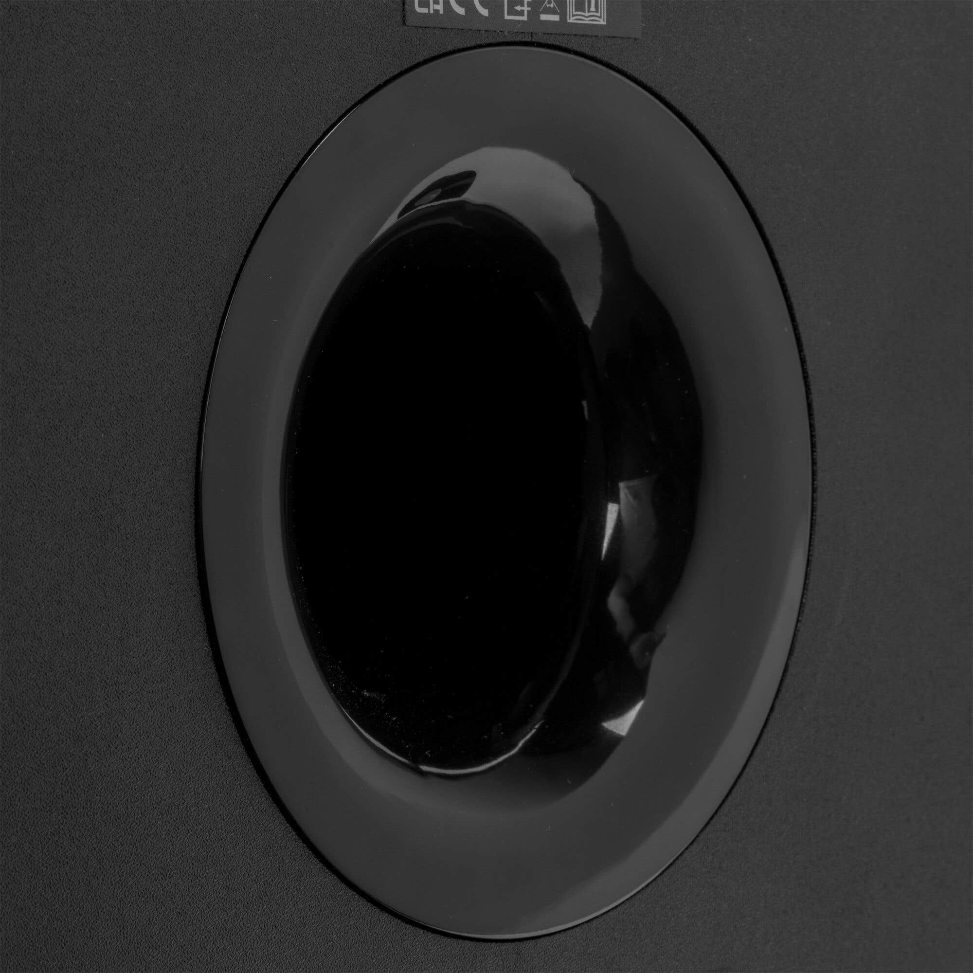 Primer plano de un altavoz negro con una abertura circular. El altavoz tiene una superficie lisa y brillante.