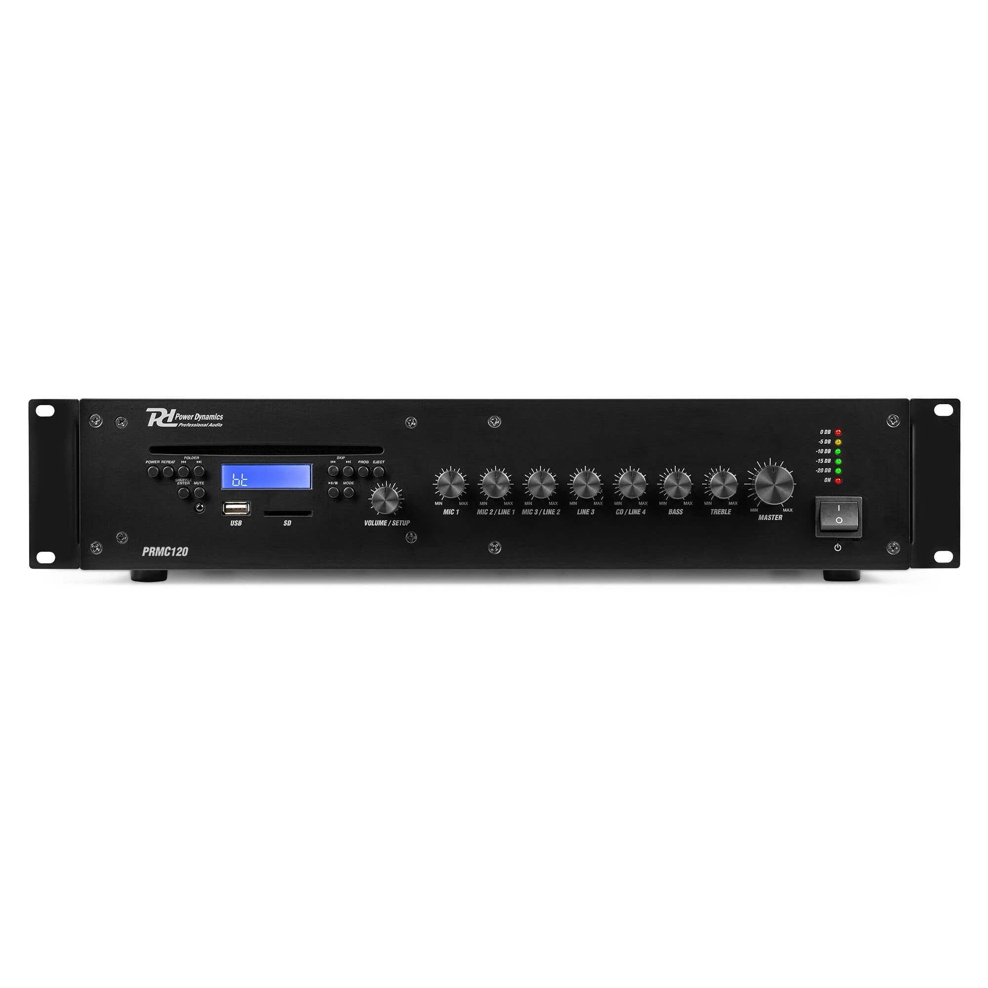 Amplificador de audio negro con perillas, botones y pantalla digital. El panel frontal tiene varios controles.