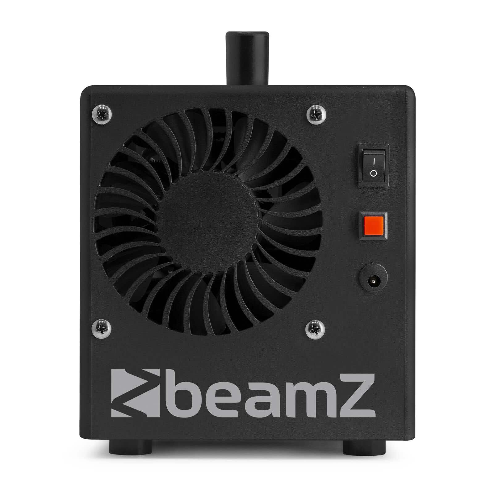 Un dispositivo Beamz negro con ventilador, interruptor de encendido/apagado y botón rojo. Tiene un tubo superior y un logotipo abajo.