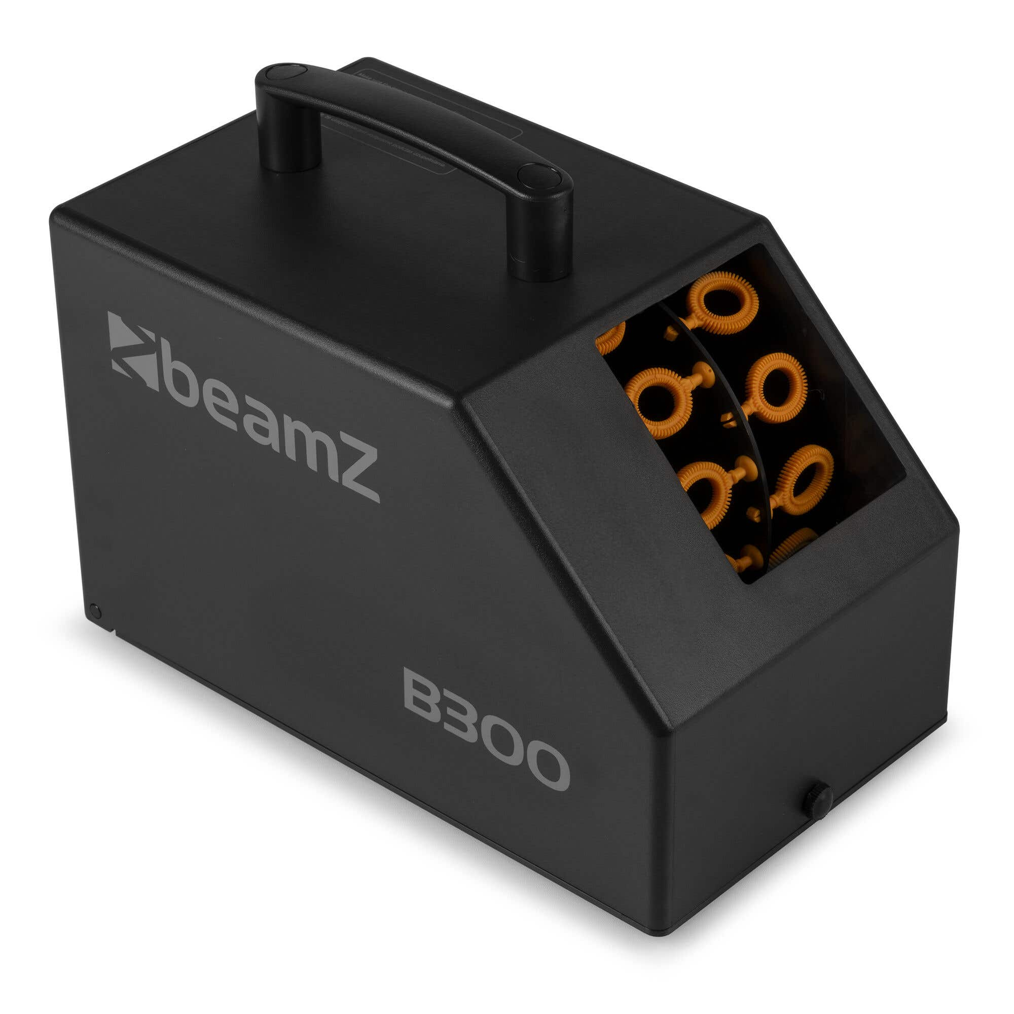 Máquina de burbujas negra Beamz B300. Tiene un asa, el logo y anillos de burbujas naranjas en el interior.