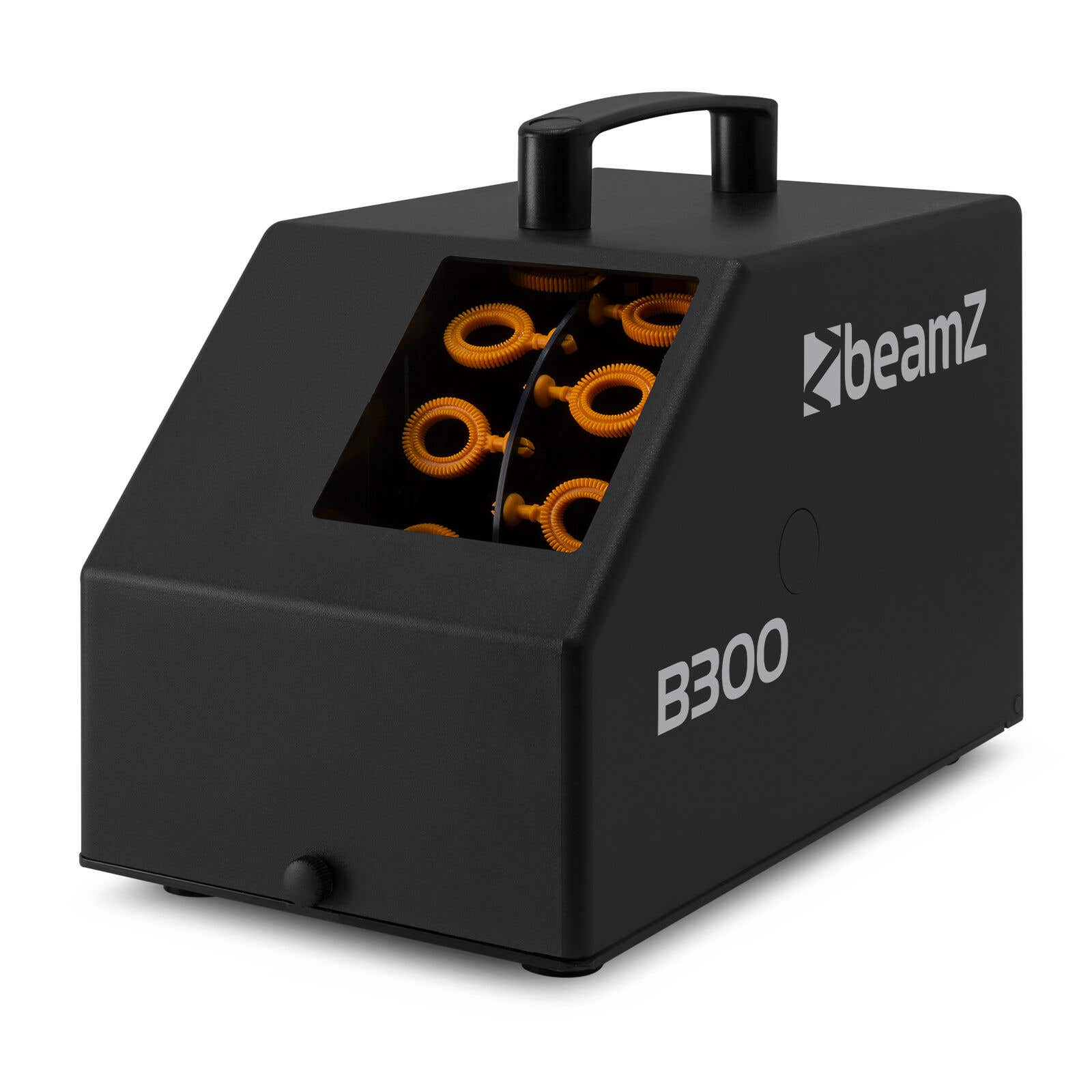 Máquina de burbujas negra Beamz B300. Tiene un asa y varillas naranjas para burbujas en el interior.