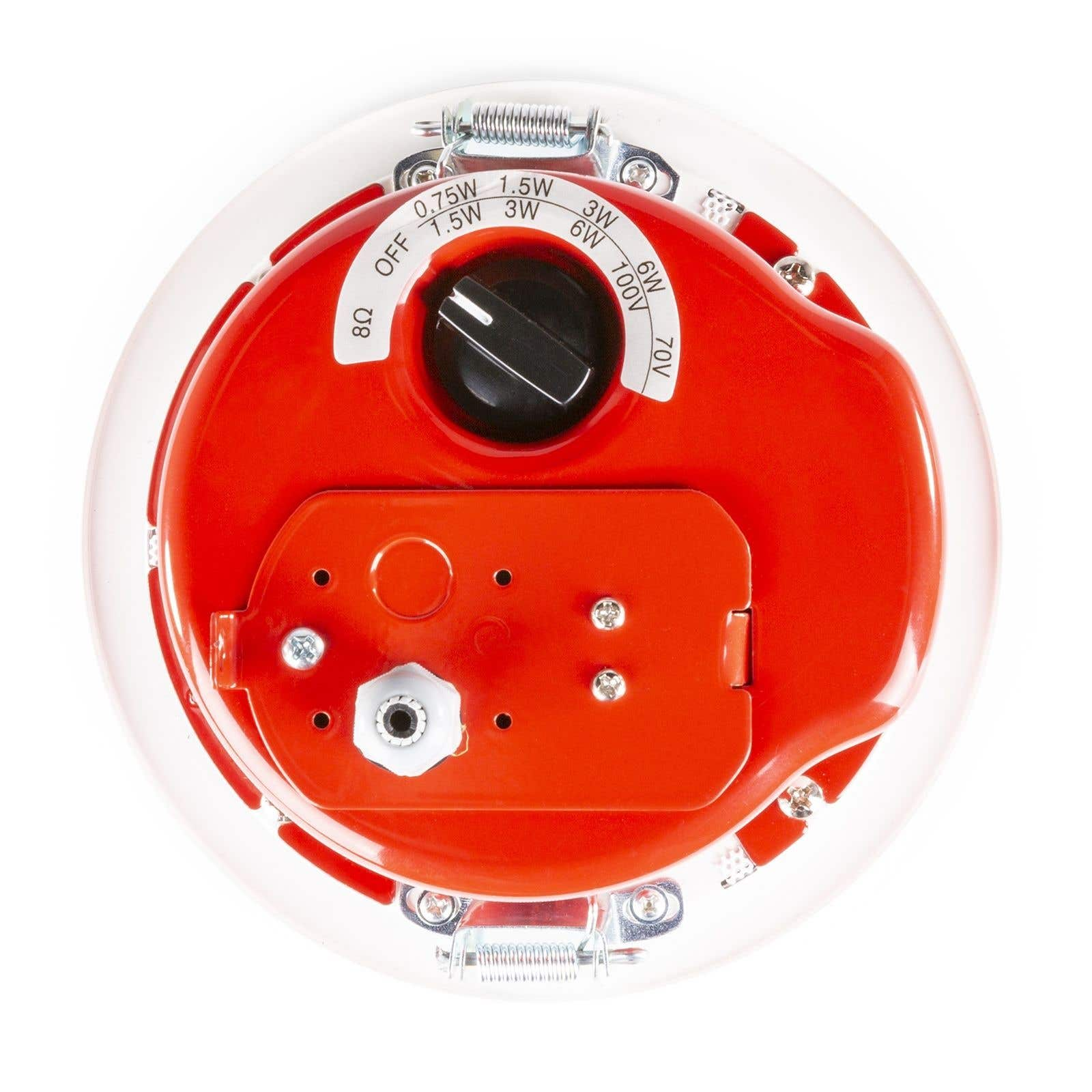 Un componente electrónico rojo y blanco. Tiene un dial con ajustes de energía, una perilla negra central y un conector.