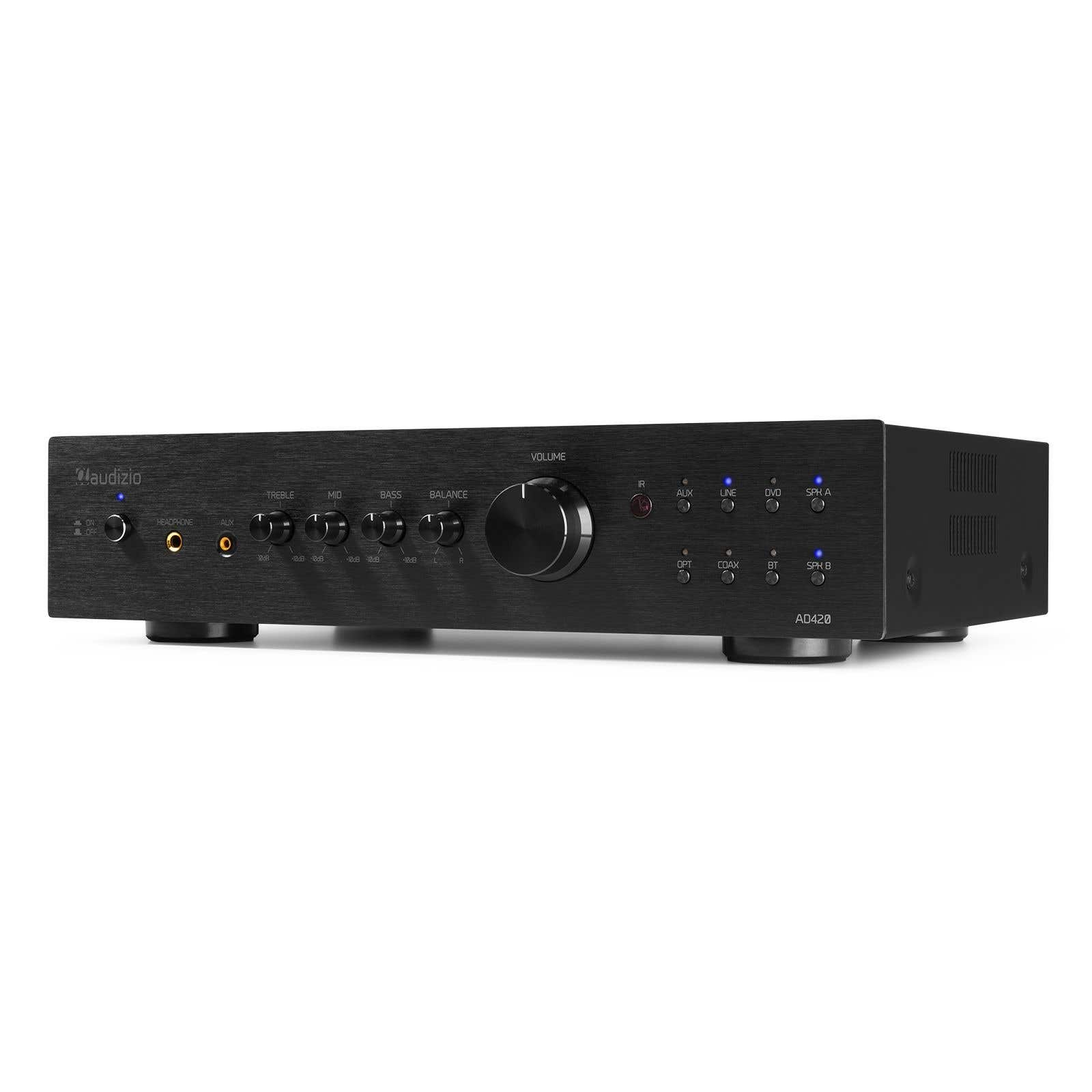 Ein schwarzer Audizio AD420 Audioverstärker. Er hat Knöpfe und Tasten für Lautstärke, Höhen, Mitten und Bässe, mit LED-Anzeigen.