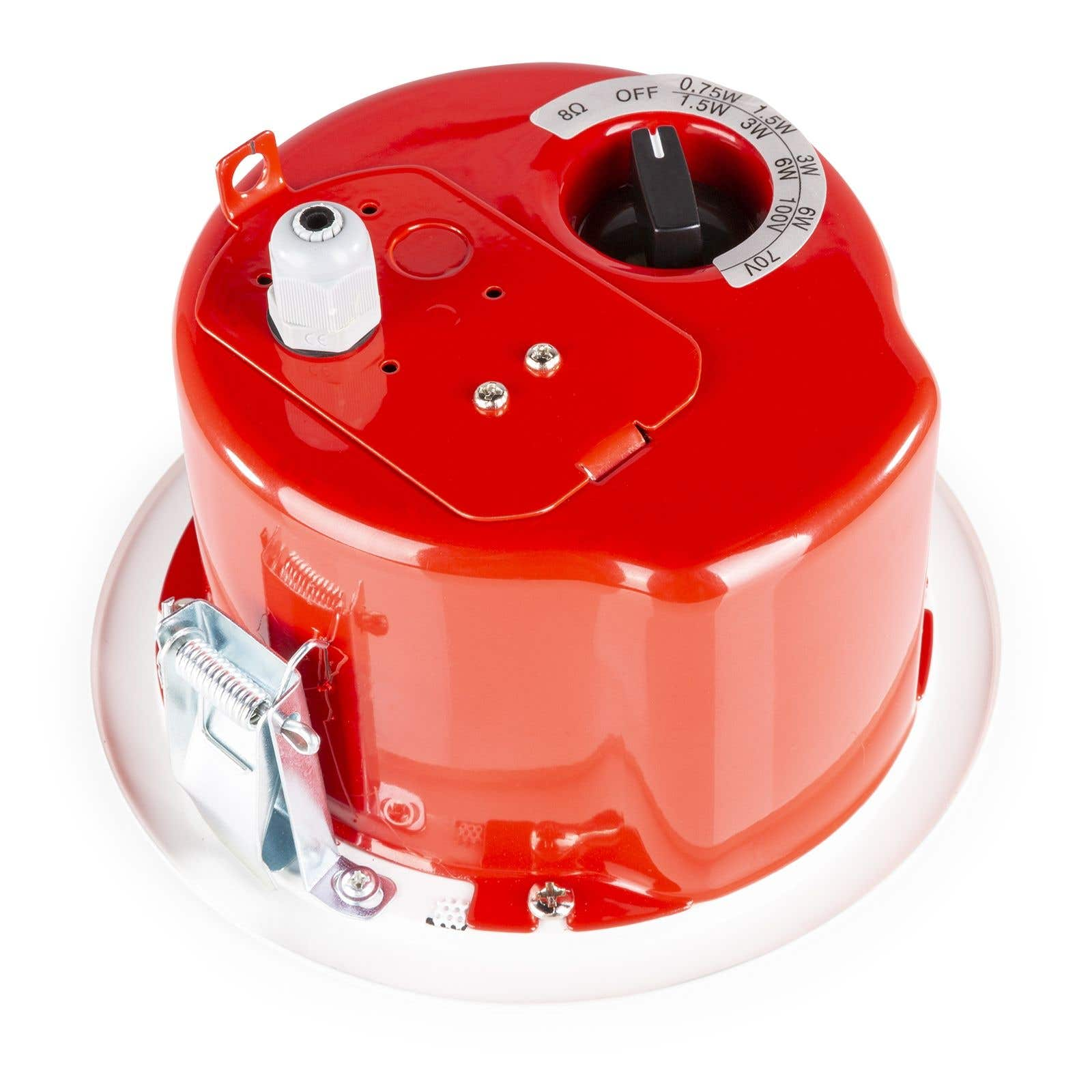 Altavoz de techo rojo con un anillo blanco. Un dial negro está en la parte superior. Se adjunta un clip de metal.