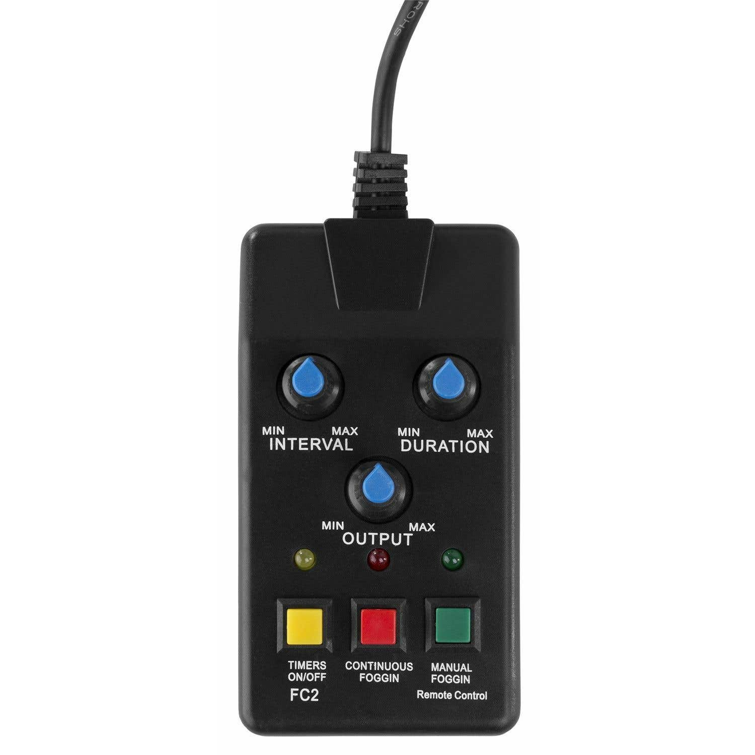 Panel de control negro con botones y diales, etiquetado para intervalo, duración y salida. Incluye temporizadores, control de niebla y mando a distancia.