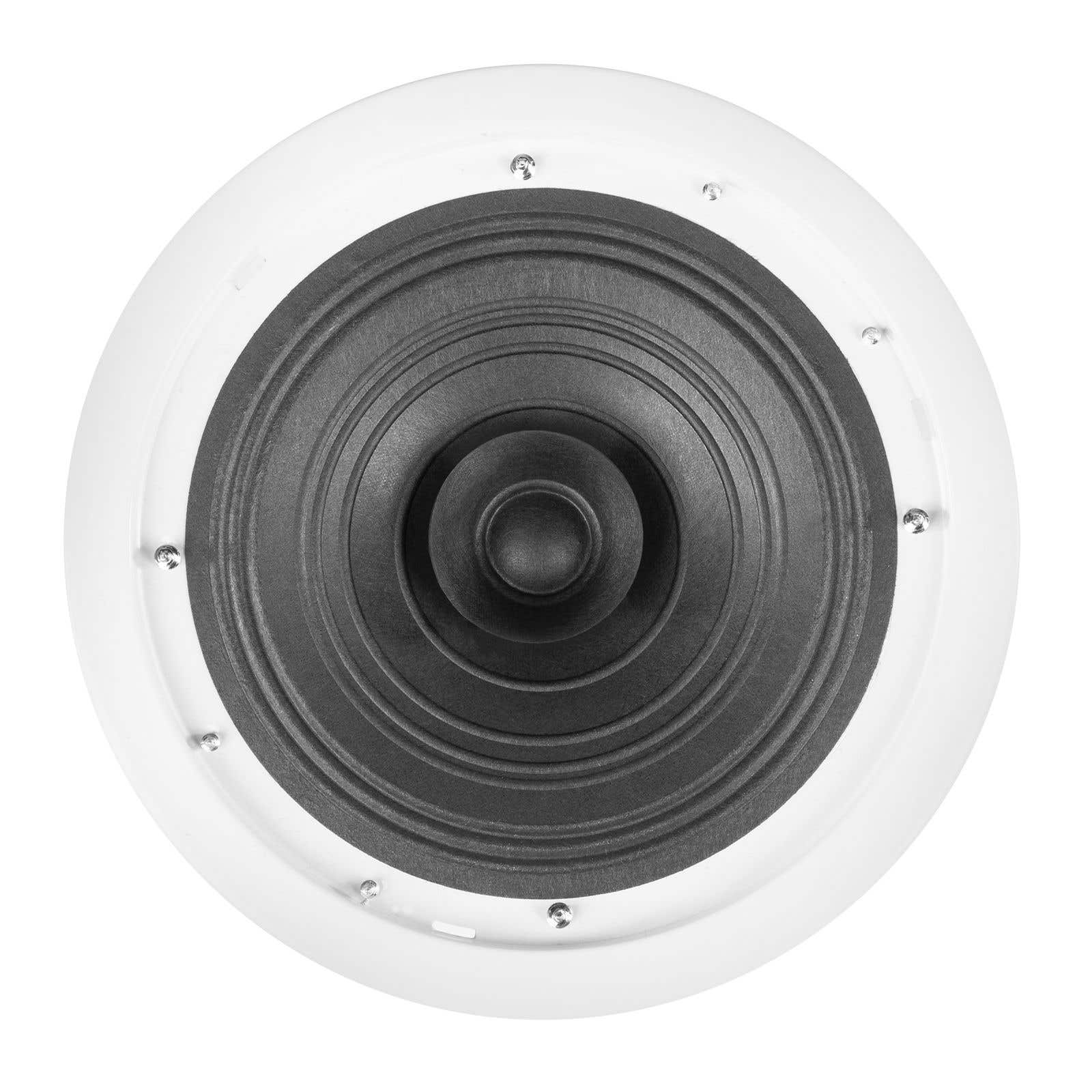 Un altavoz blanco circular con un cono de altavoz negro y un borde blanco. Varios tornillos son visibles alrededor del borde.