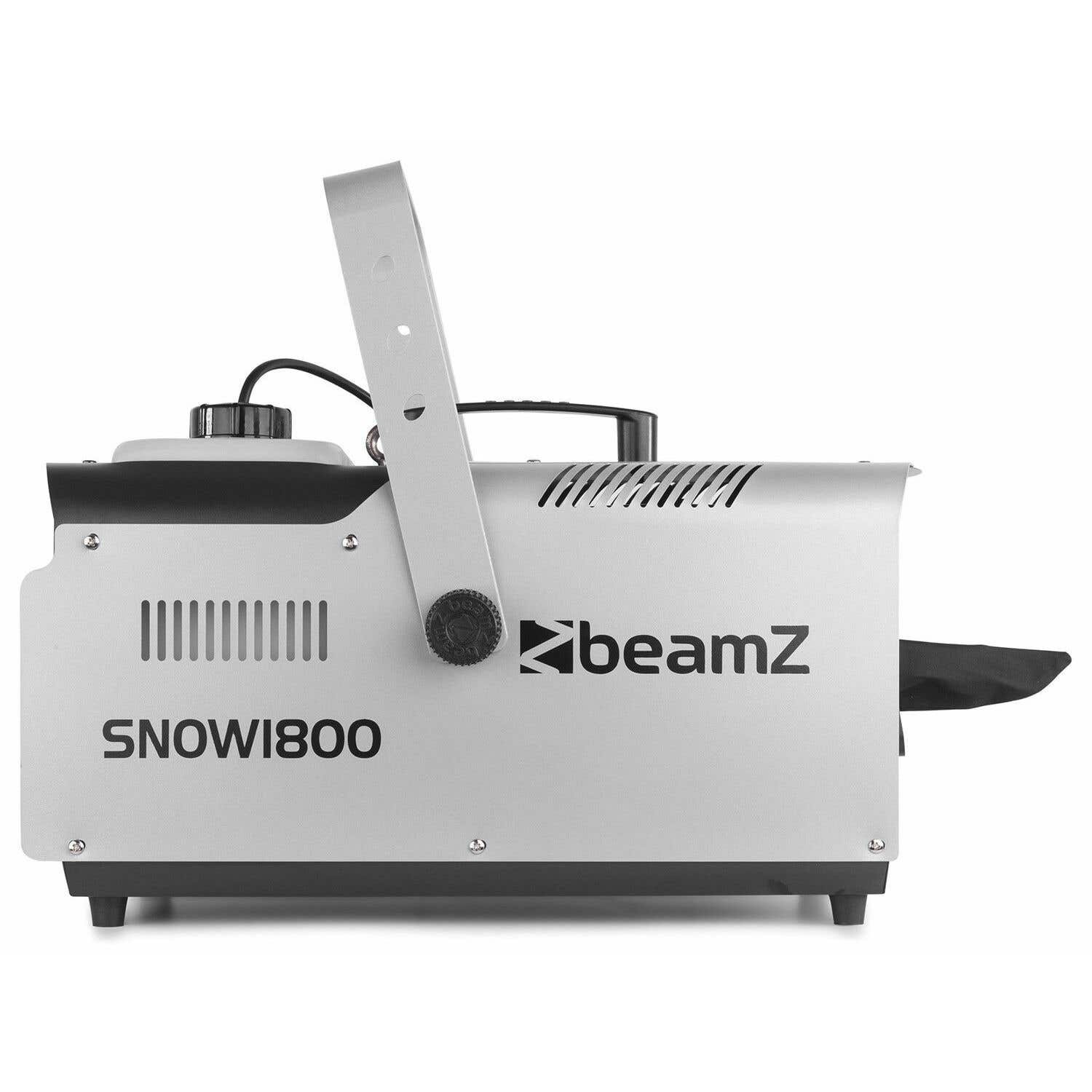Una máquina de nieve Beamz plateada. Tiene un asa, rejillas de ventilación y el texto 'SNOWI800'. Una boquilla negra está en el lado derecho.
