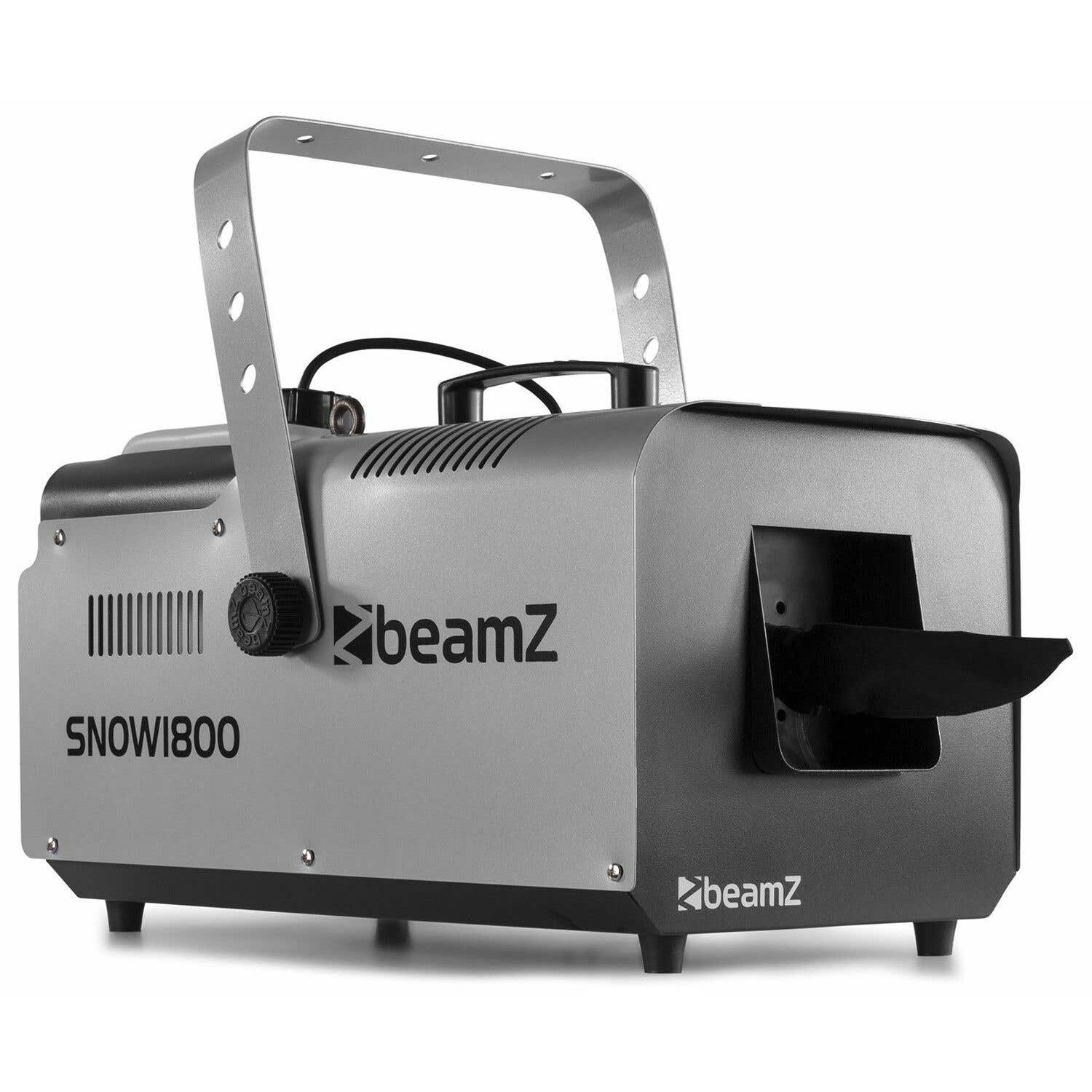 Una máquina Beamz Snowi800 plateada y negra. Tiene un asa y una boquilla. La marca es visible en el lateral.