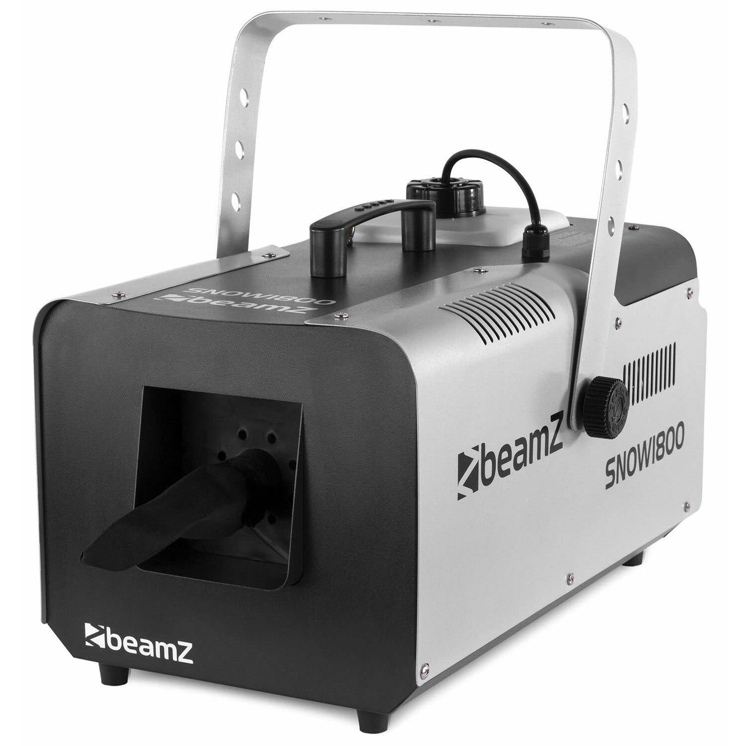 Una máquina Beamz Snow 1800, plateada y negra, tiene una manija, boquilla y el logotipo de Beamz. Está sobre un fondo blanco.