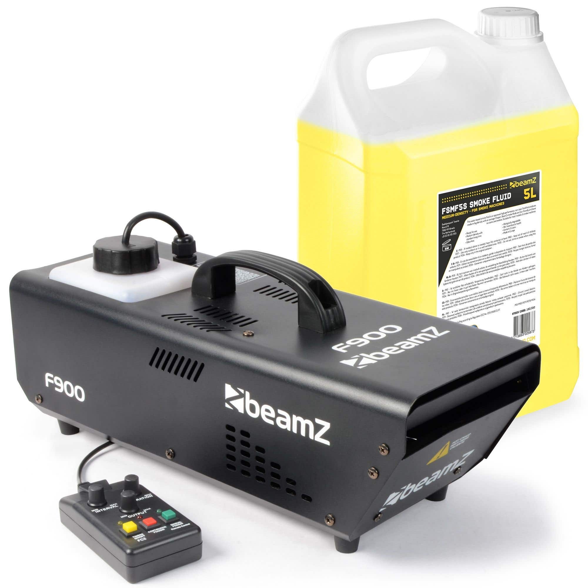 Una máquina de humo negra con un recipiente de líquido amarillo y un panel de control. La marca es beamz.