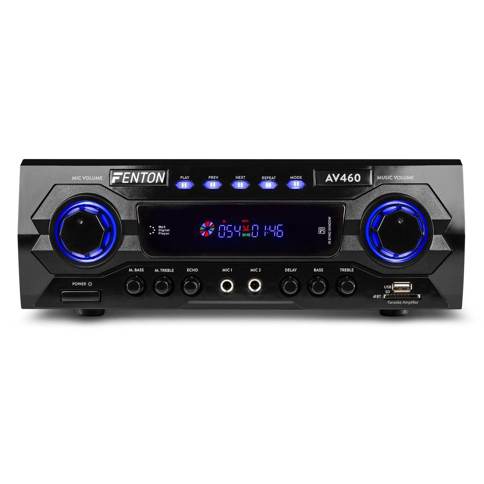 Schwarzer Fenton AV460 Karaoke-Verstärker mit blauen Lichteffekten und Bedientasten. Zeigt eine Digitaluhr an. Hat USB- und SD-Anschlüsse.