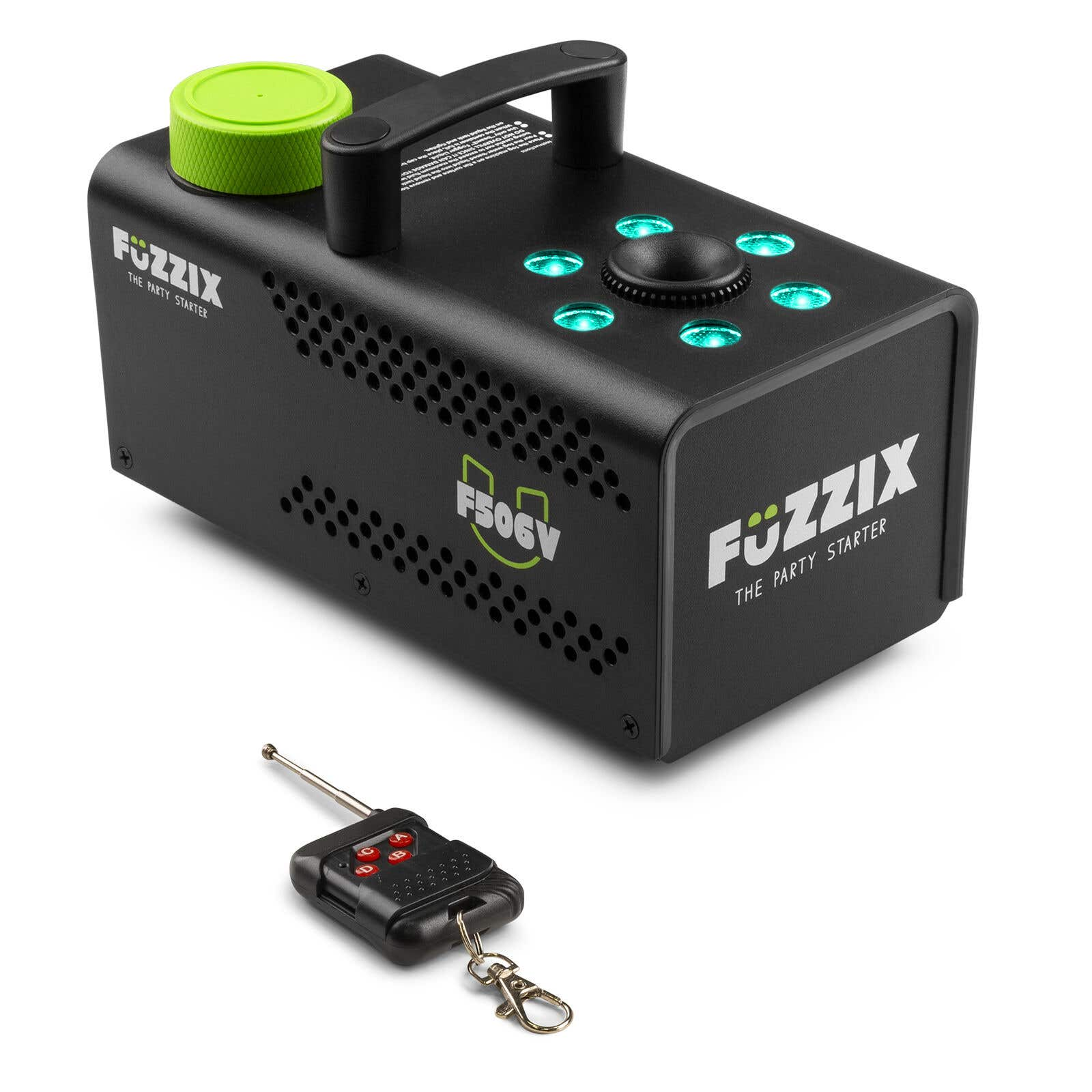 Máquina de niebla negra con detalles verdes. Incluye un mando a distancia. La marca es Fuzzix. Tiene asa y luces.