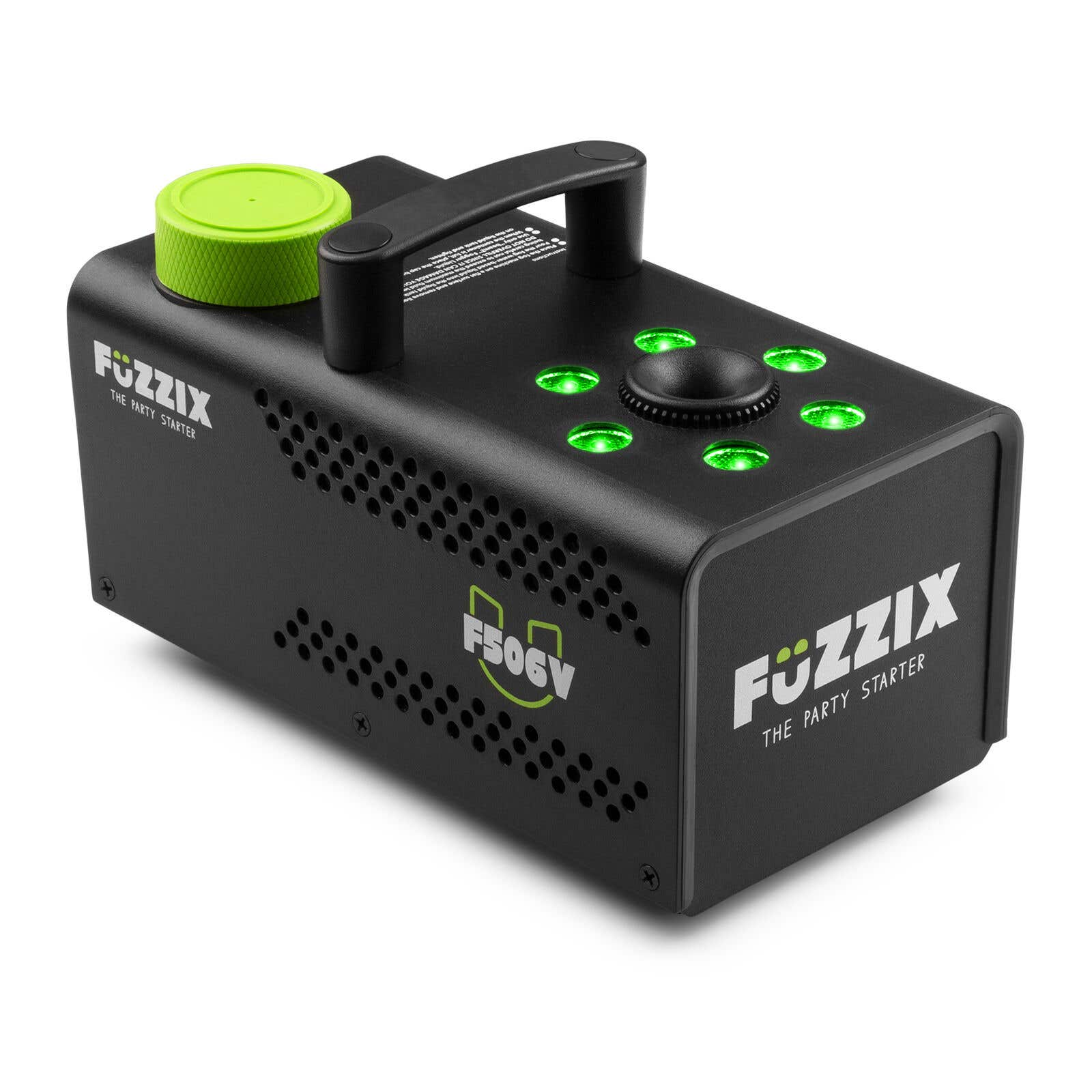 Máquina de niebla Fuzzix negra con detalles verdes. Cuenta con asa, panel de control con luces verdes y el logo Fuzzix.