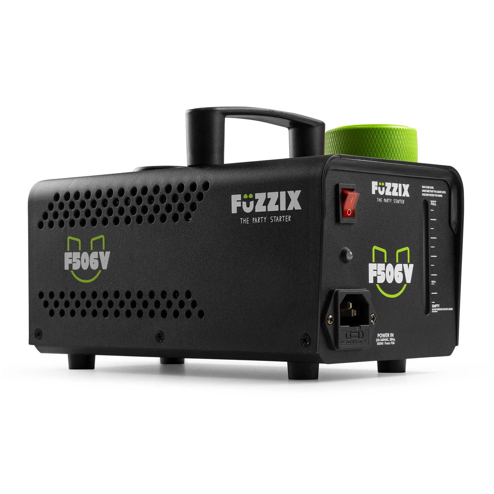 Máquina negra Fuzzix F506V para fiestas. Tiene asa, interruptor y tapa verde. El texto dice: The Party Starter.