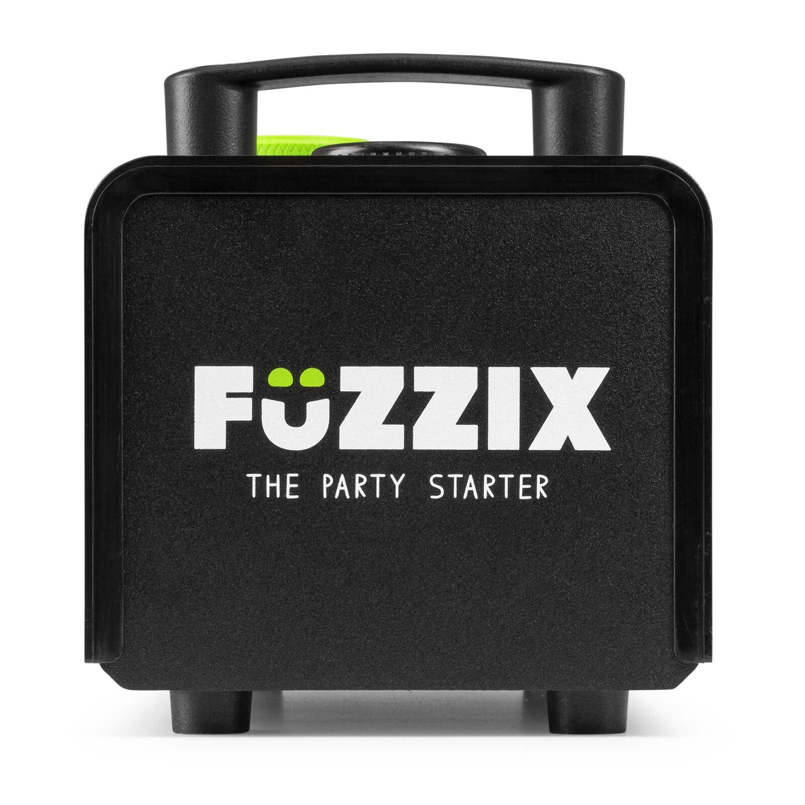 Un altavoz negro Fuzzix para fiestas con asa. El logotipo y el texto son blancos.