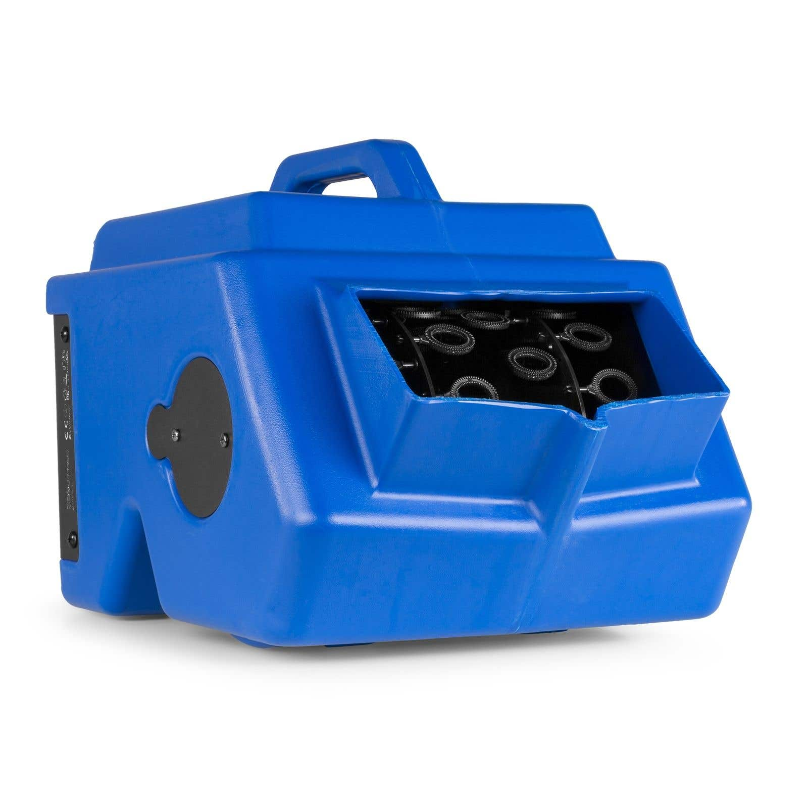 Máquina de burbujas azul con asa y un componente redondo negro. Múltiples varillas circulares son visibles.