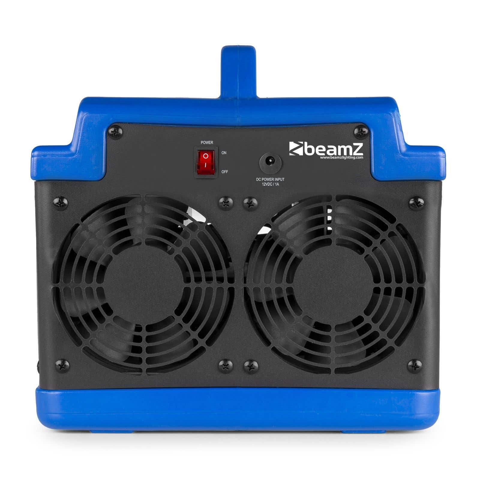 Una máquina negra y azul con dos ventiladores, un botón de encendido y un asa. La marca 'beamZ' es visible.