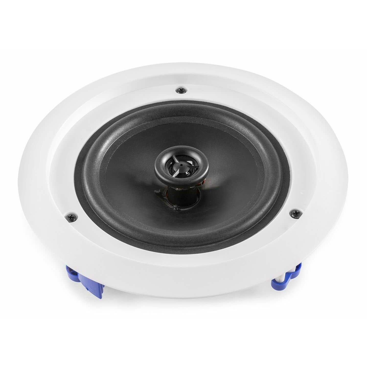 Un altavoz blanco de techo con un cono de altavoz negro y un tweeter central. Se ven clips azules.