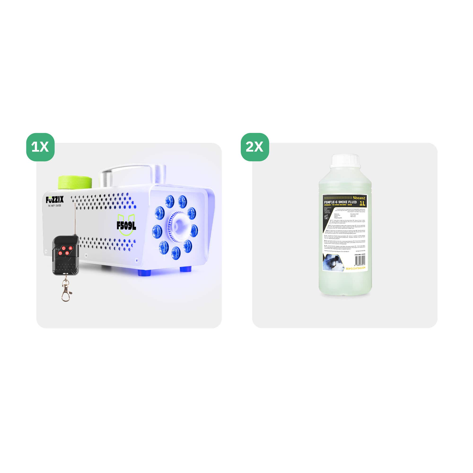 La imagen muestra una máquina de humo, un mando a distancia y una botella de líquido de humo. La máquina es blanca con luces azules.