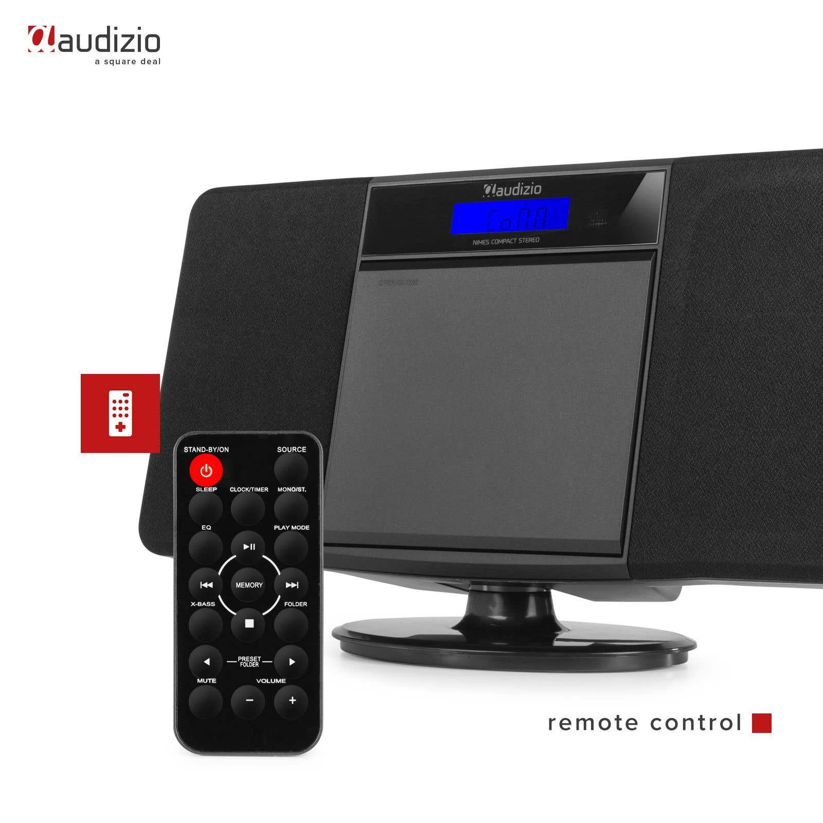Un equipo estéreo negro con mando a distancia. La pantalla muestra números. La marca es audizio.