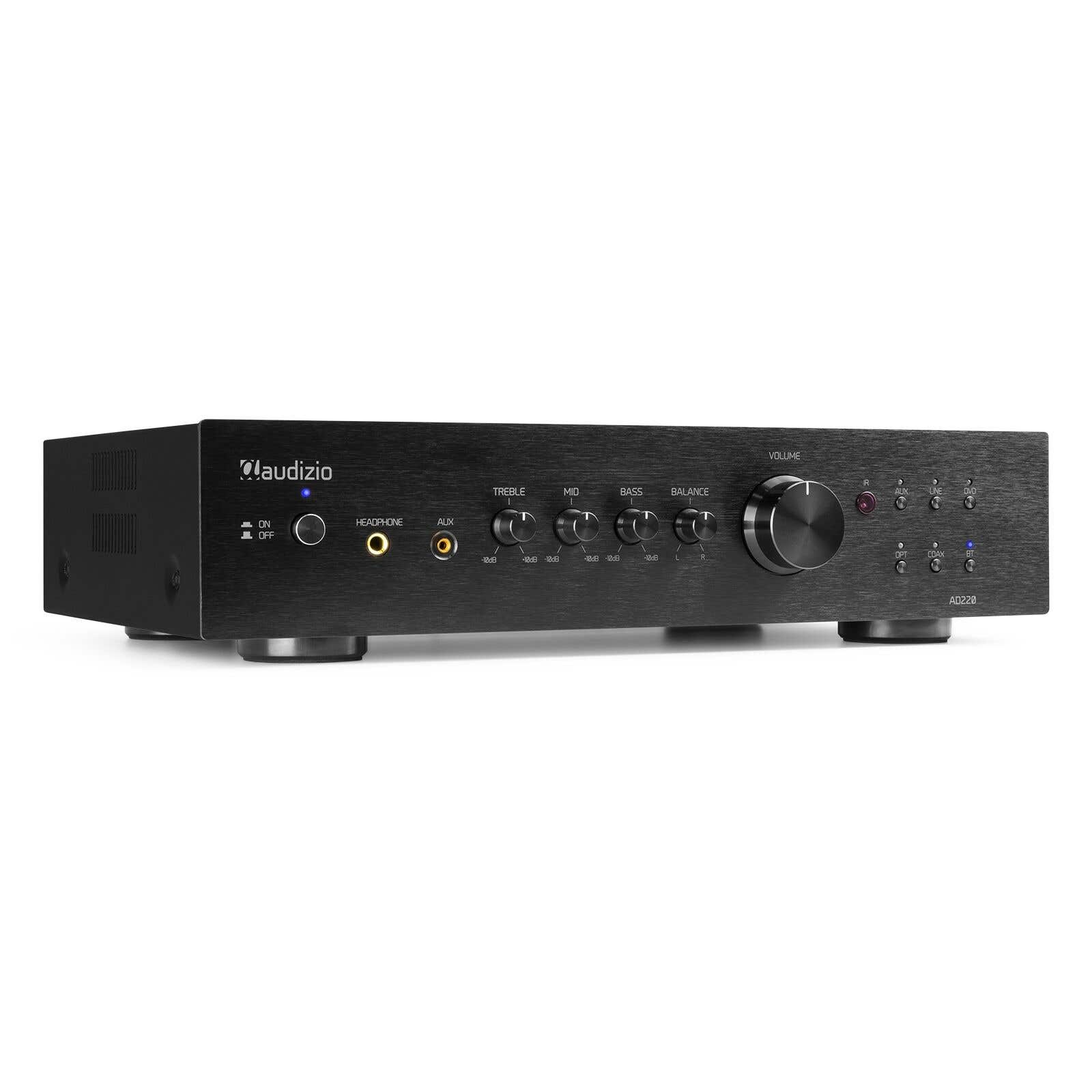 Amplificador de audio negro con perillas y botones. Cuenta con control de volumen, agudos, graves y ajustes de balance. La marca es 'claudizio'.