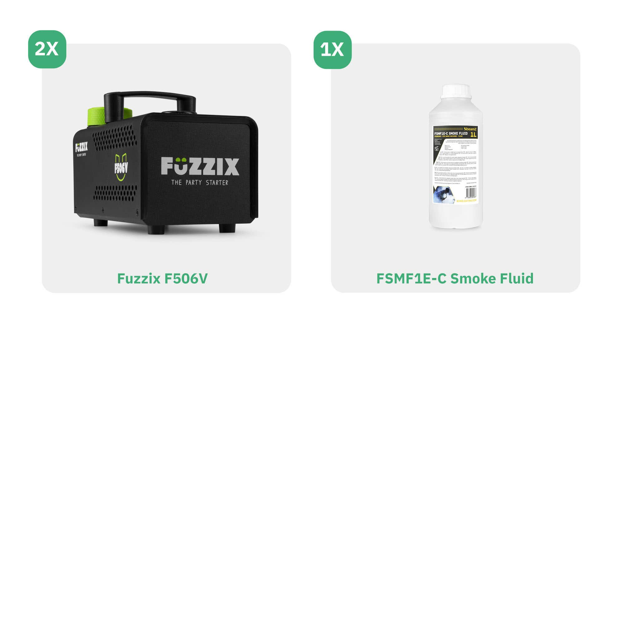 Dos elementos: una máquina de niebla Fuzzix F506V negra y una botella de líquido de humo FSMF1E-C.
