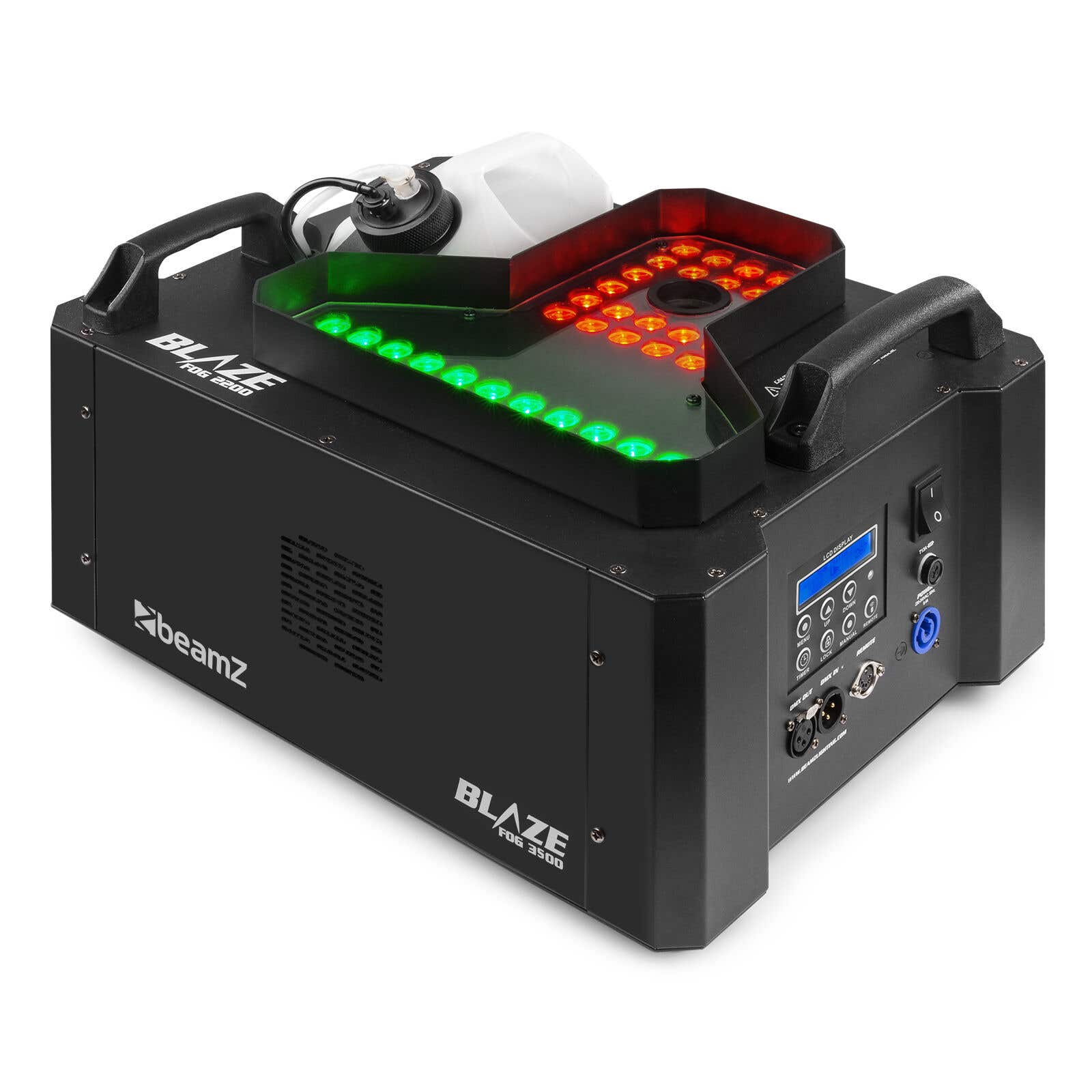 Máquina de niebla negra con luces verdes y rojas, depósito de agua blanco y panel de control. Asas arriba.