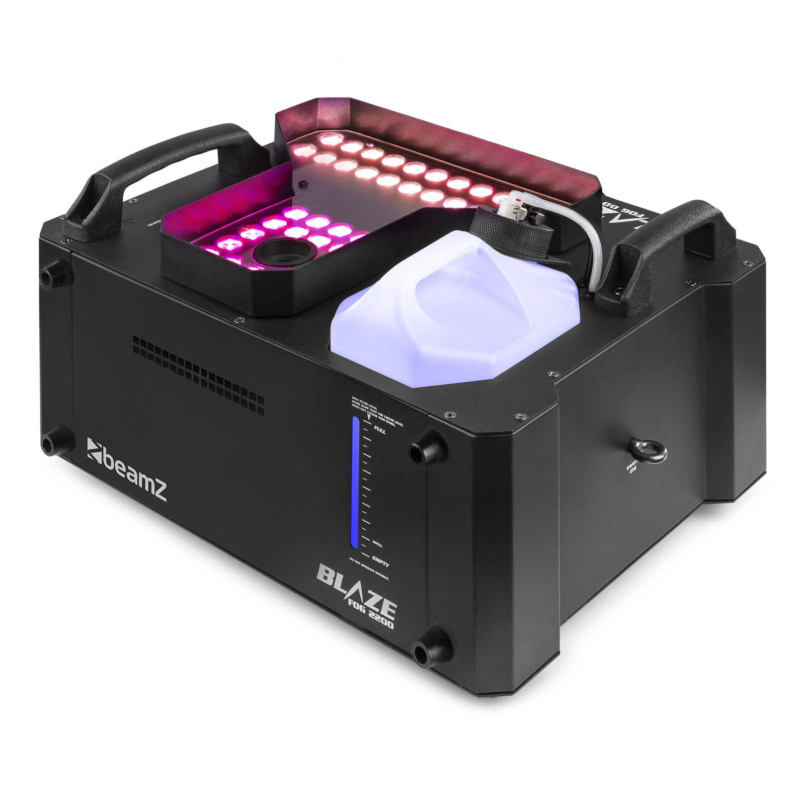 Máquina de niebla negra con luces, un tanque de agua blanco y un asa. La marca es beamz y Blaze.