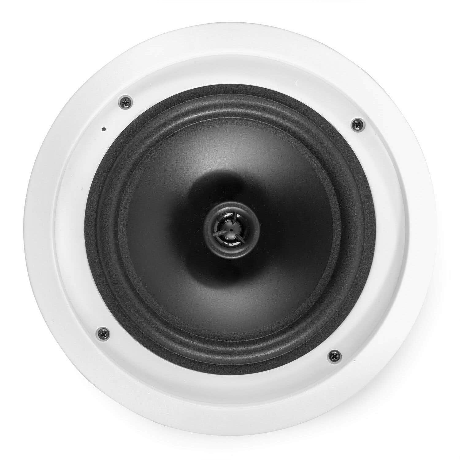 Un altavoz de techo circular blanco. Tiene un cono de altavoz negro, una pieza central negra y está asegurado por tornillos.