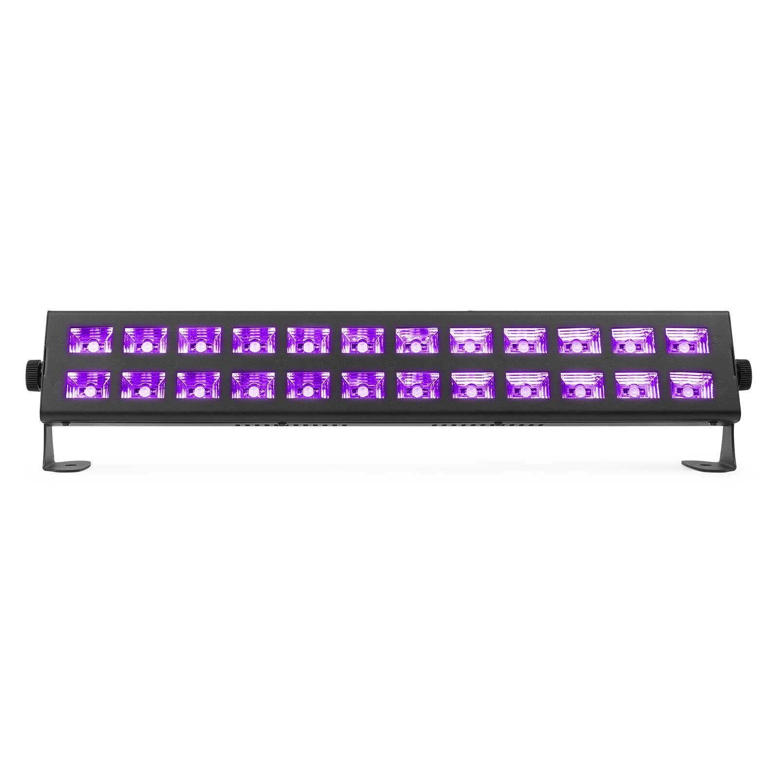 Accesorio de LED lineal negro con luces moradas. Tiene dos filas de luces y está montado sobre un fondo blanco.