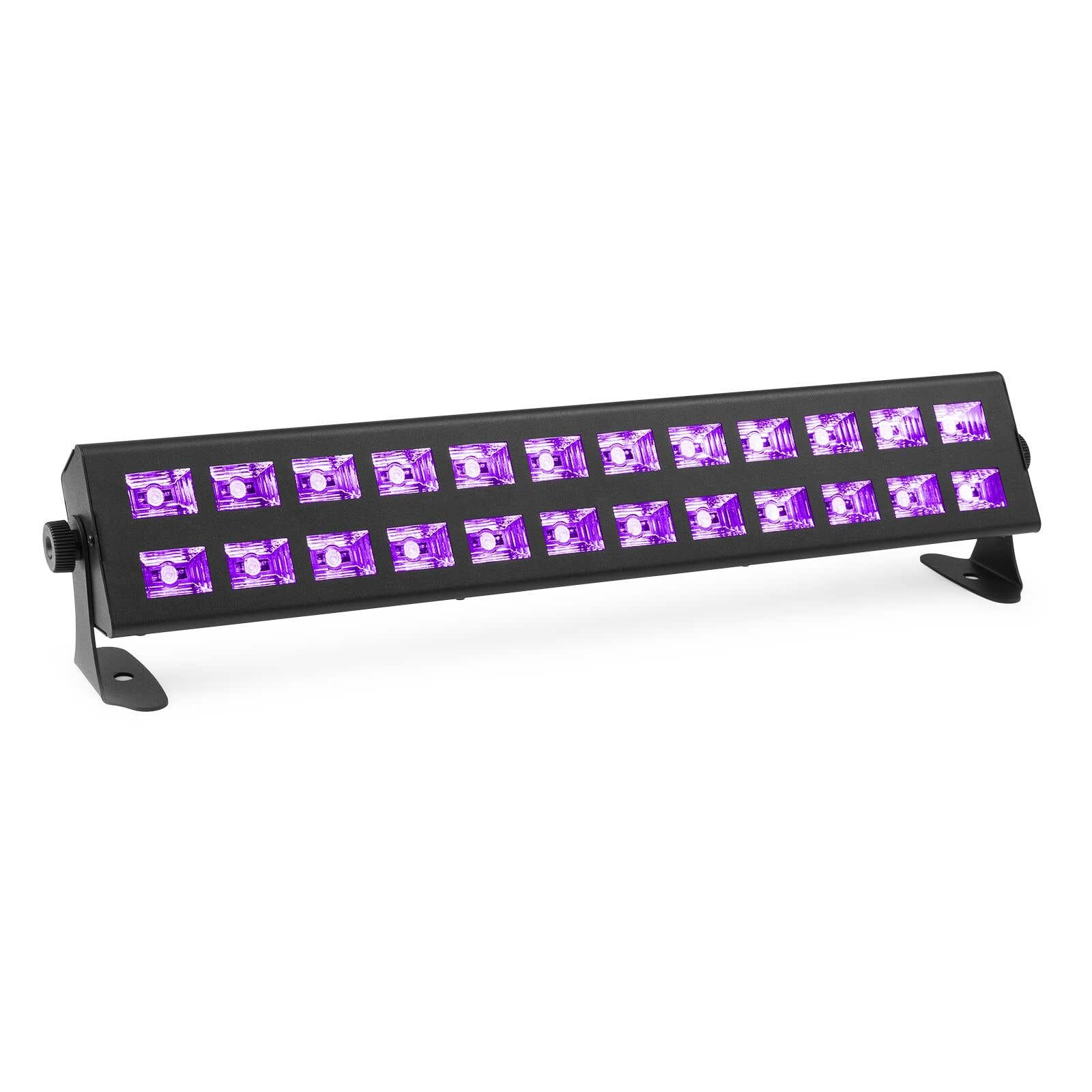 Una barra de luces LED negra con dos filas de luces moradas. Tiene soportes de montaje y está sobre un fondo blanco.