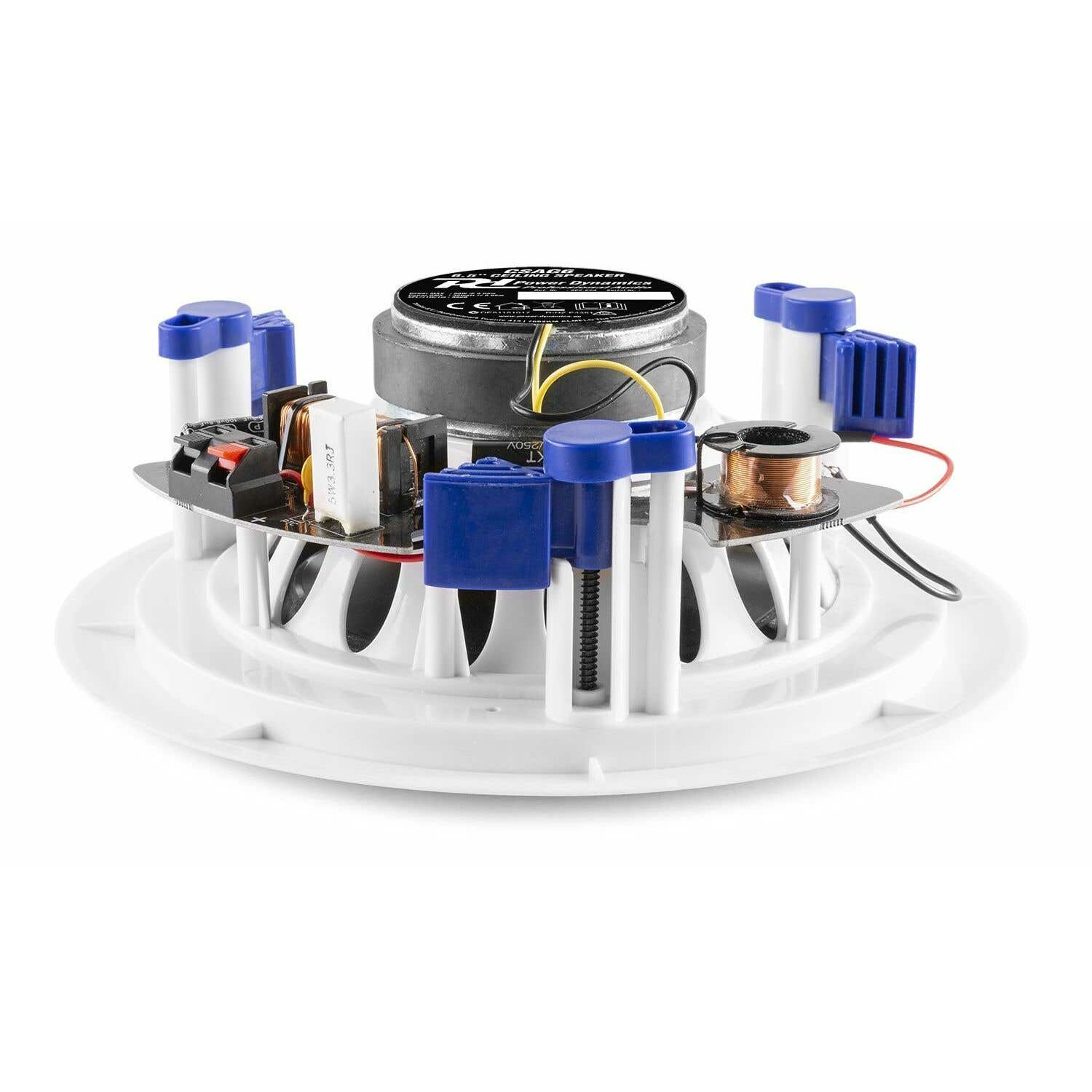 Componente de altavoz blanco con partes azules y blancas, un altavoz negro y bobinas de cobre sobre fondo blanco.