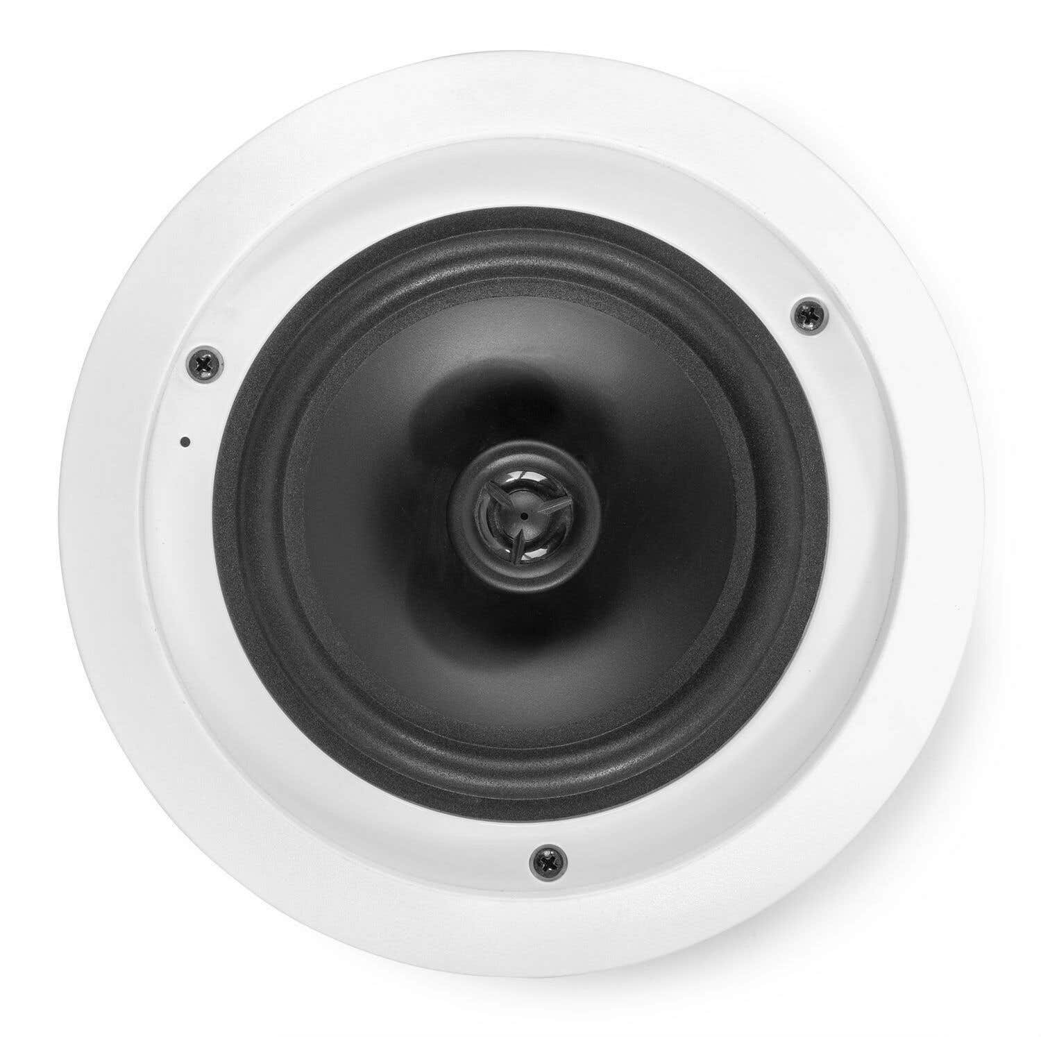 Un altavoz blanco y redondo con centro negro. Cuatro tornillos aseguran el altavoz al marco blanco. Un pequeño punto es visible.