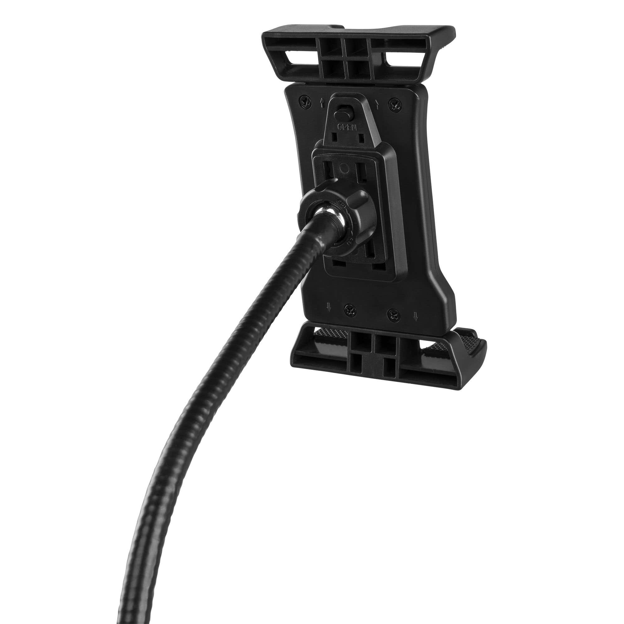 A black tablet holder with a flexible arm. The holder is in the center, the arm extends to the left.