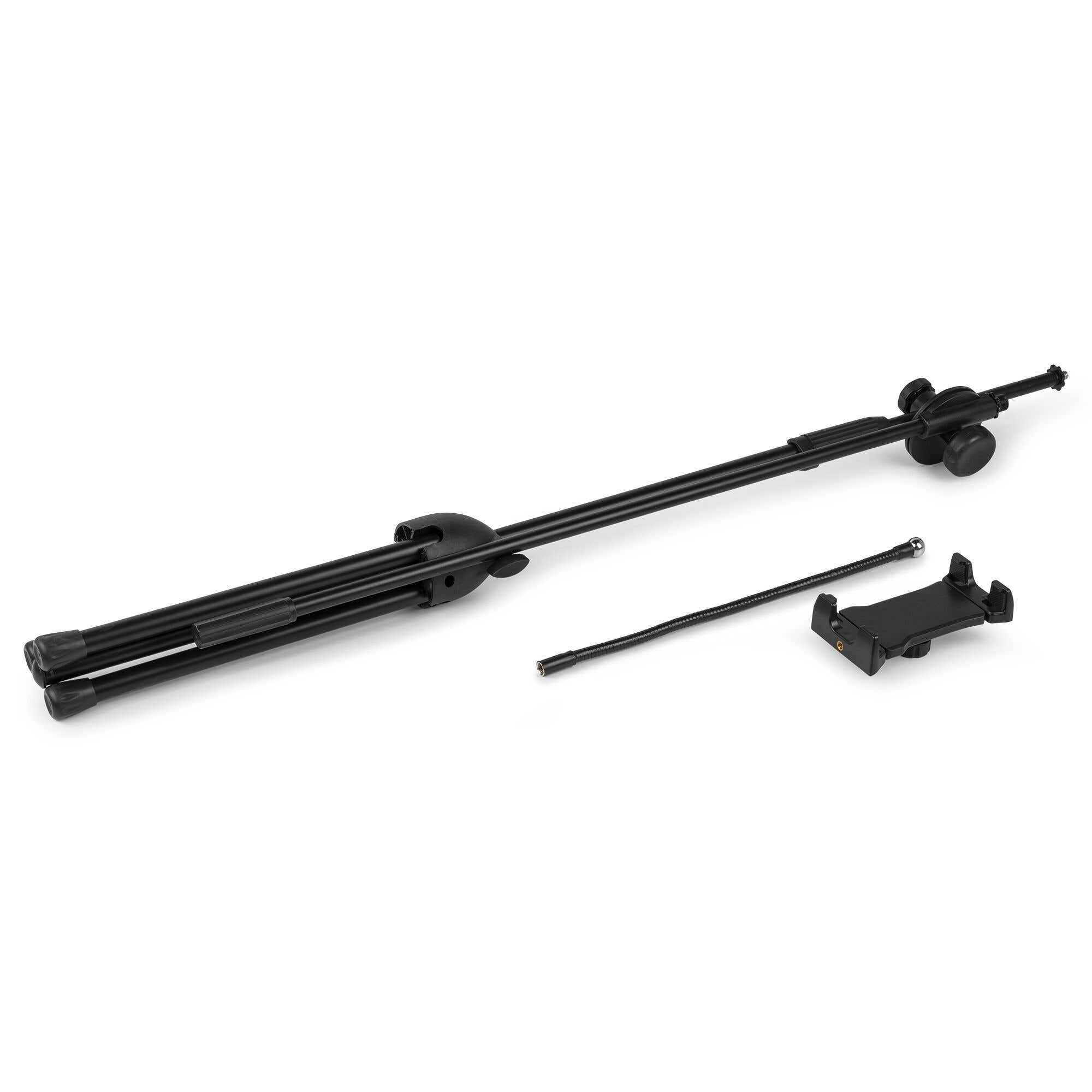 Black tripod with phone holder, flexible arm, and base. All lying on white background, ready for use. Studio shot.