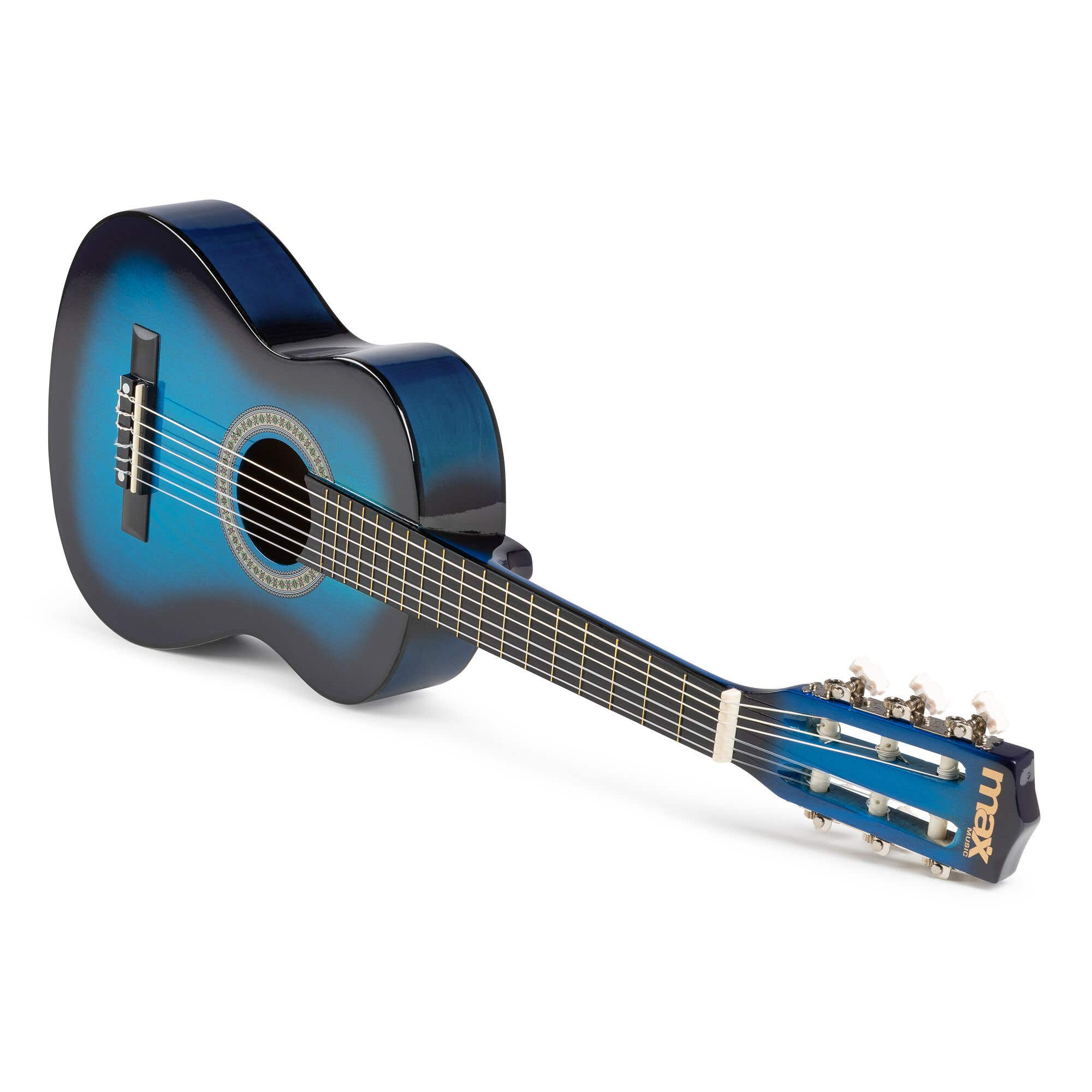 Una guitarra azul y negra con cuerdas está en ángulo sobre un fondo blanco. La guitarra tiene una boca.