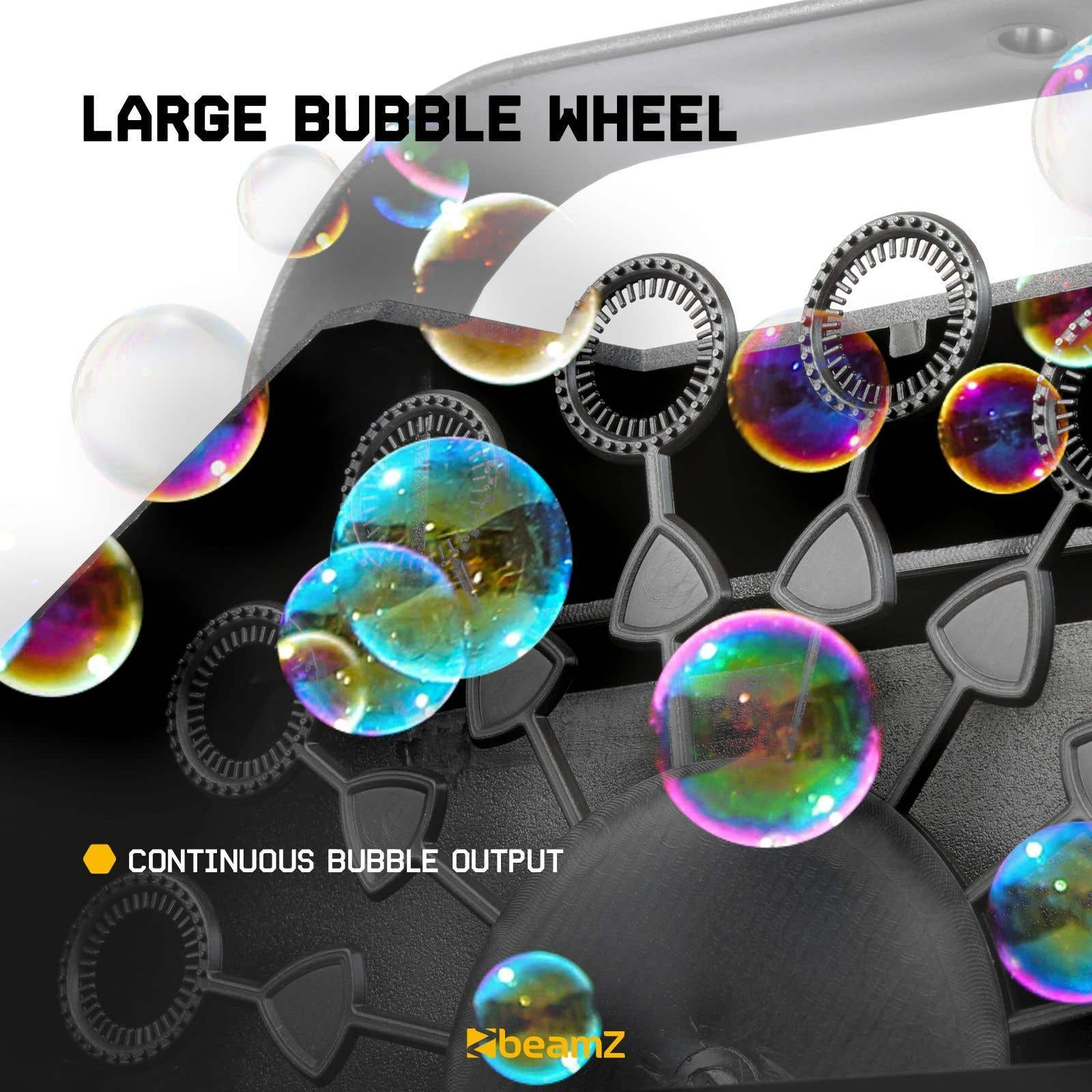 Una máquina de burbujas con múltiples burbujas de jabón en primer y segundo plano. La máquina tiene varitas de burbujas.