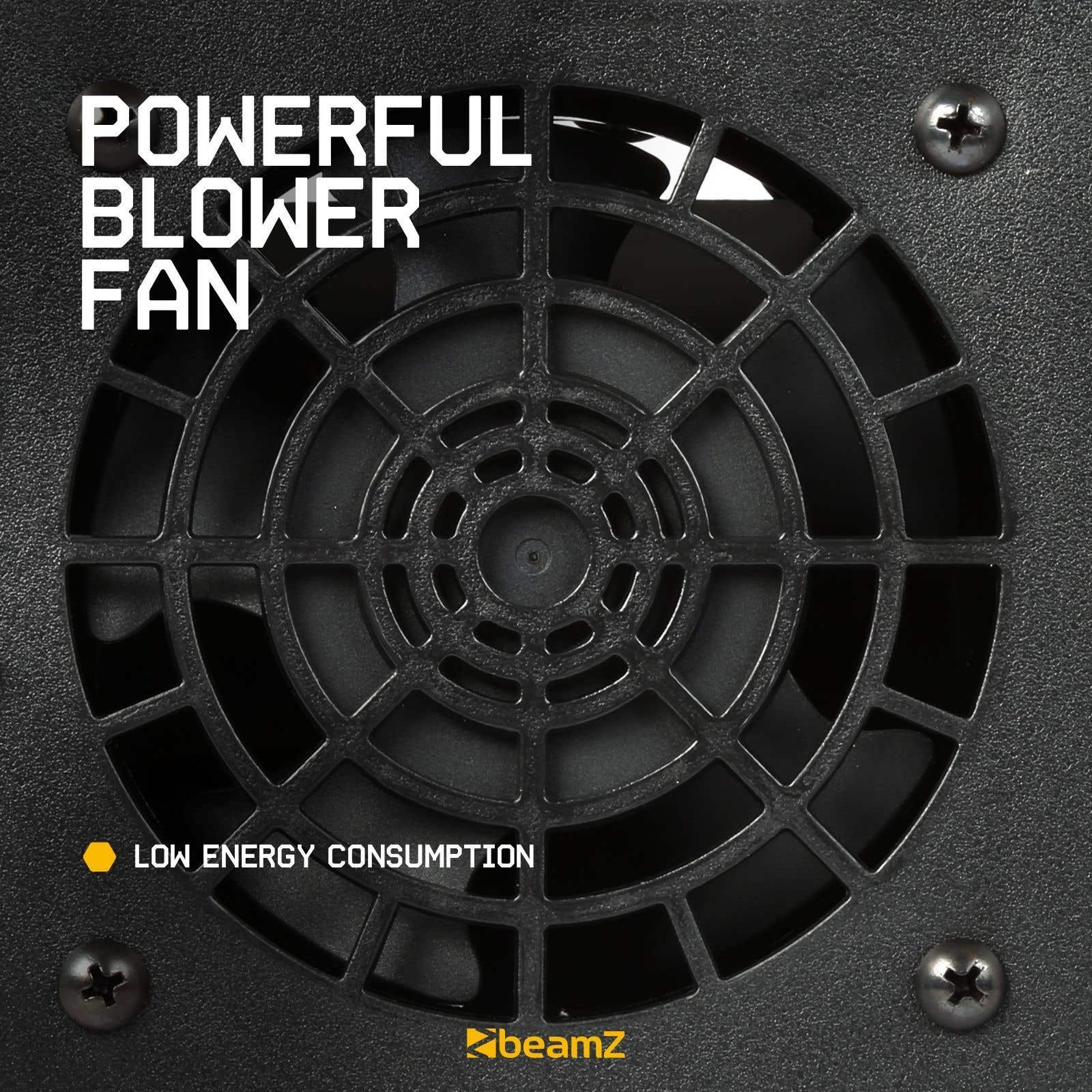 Primer plano de un ventilador negro. El texto dice 'POWERFUL BLOWER FAN'. Debajo, 'Low energy consumption'.