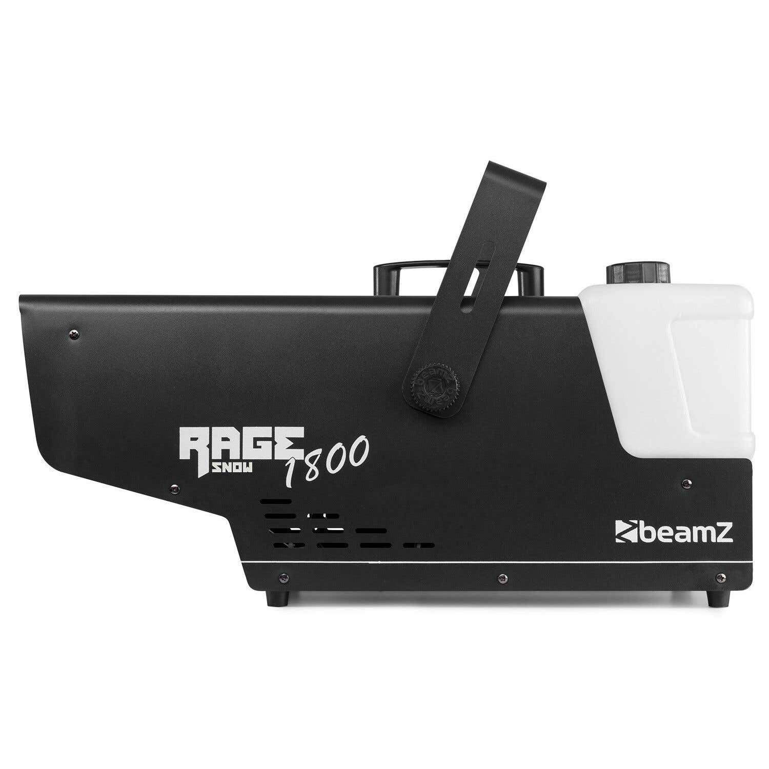 Una máquina Beamz Rage Snow 7800 en blanco y negro. Tiene un asa, un depósito de agua y el logotipo de Beamz.