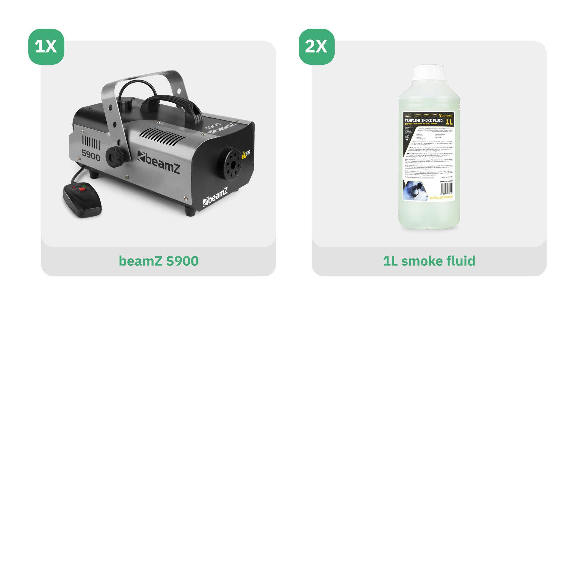 La imagen muestra una máquina de humo Beamz S900 y una botella de 1L de líquido de humo.