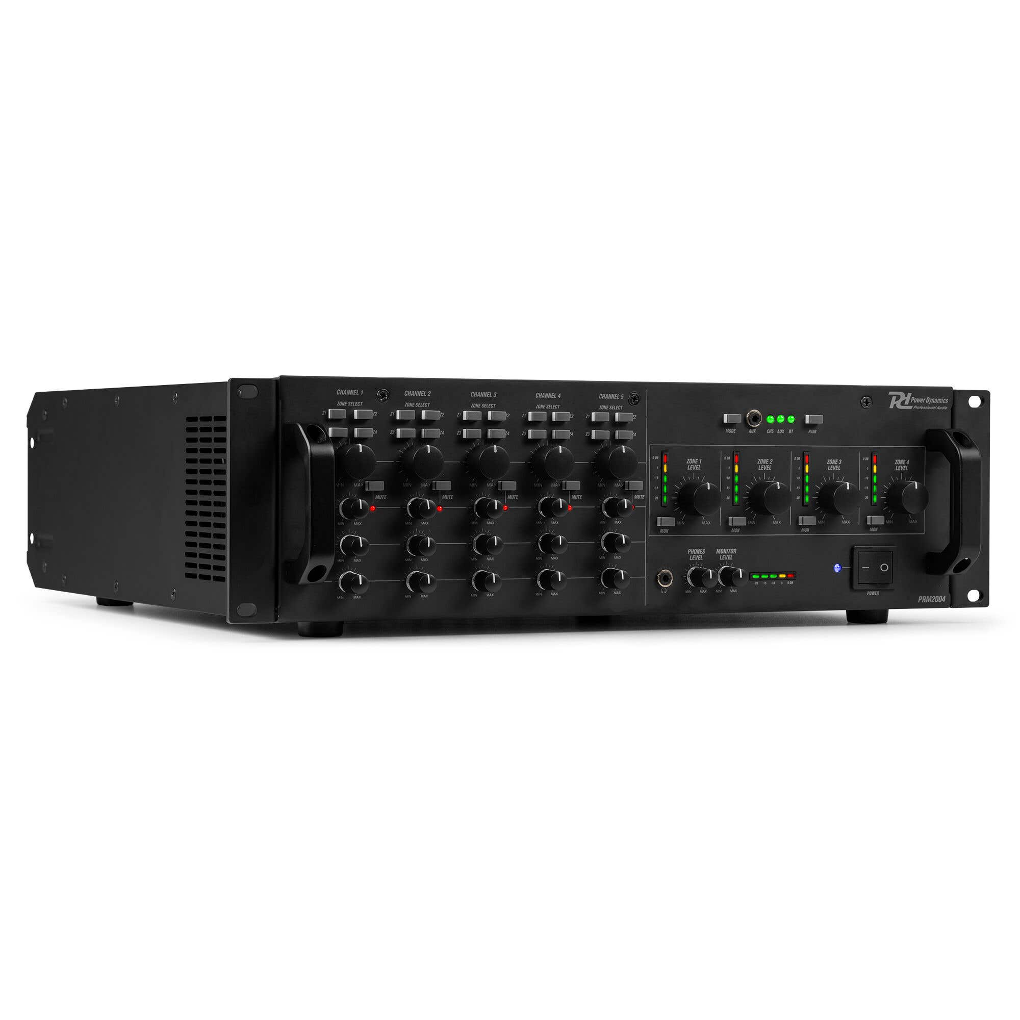 Amplificador de audio negro con perillas, botones e interruptor de encendido. Es un dispositivo de audio profesional con múltiples canales.