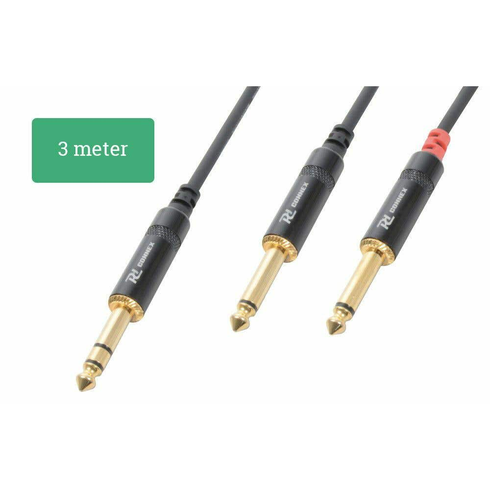Tres cables de audio negros con conectores dorados, etiquetados 'R CONNEX' y un letrero de '3 metros'.