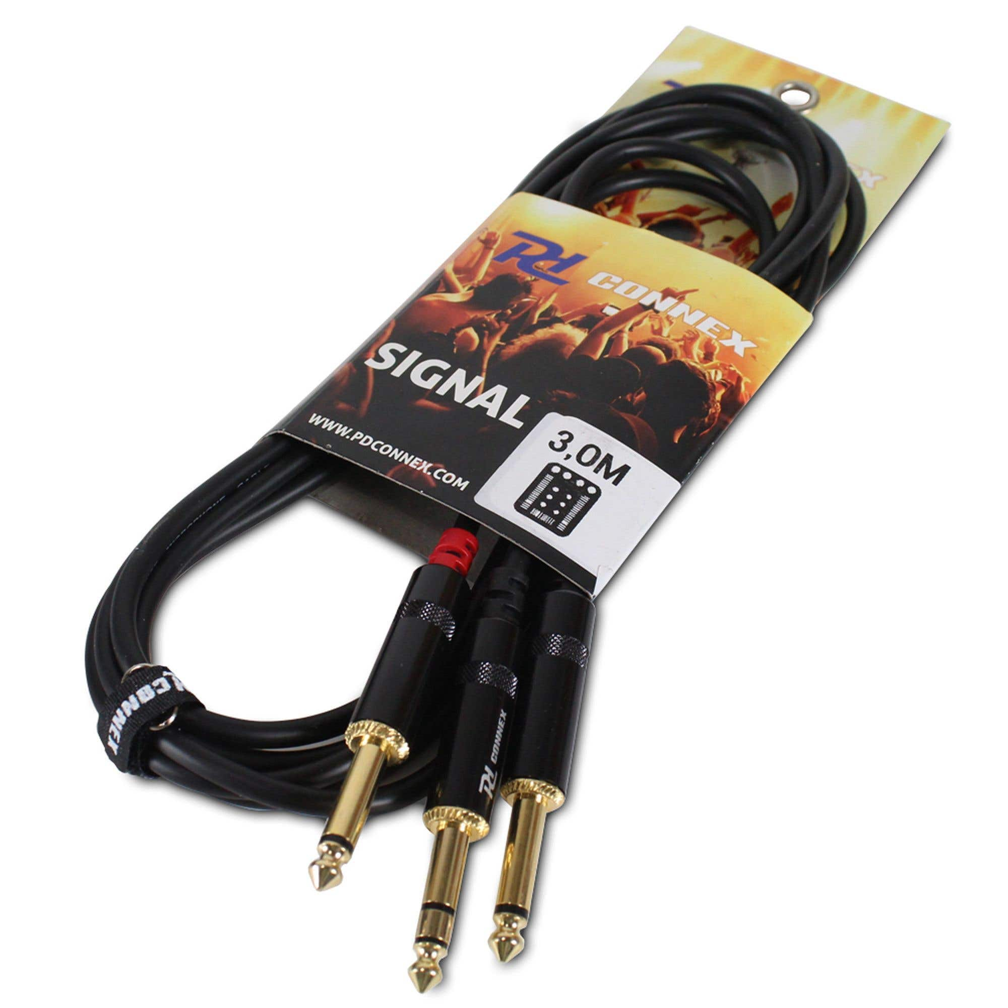 Cable de audio negro con conectores dorados, empaquetado. La etiqueta dice 'Signal' y '3.0M'. El empaque es amarillo y negro.