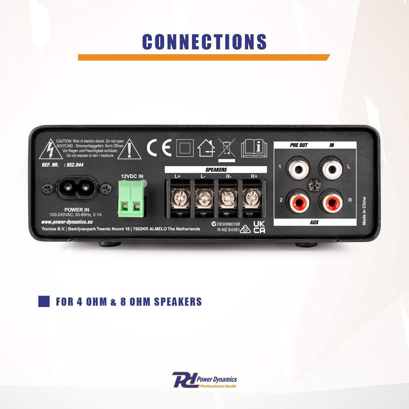 Dispositivo de audio negro con puertos de conexión etiquetados. Texto: Conexiones, Power Dynamics. Para altavoces de 4 y 8 ohmios.
