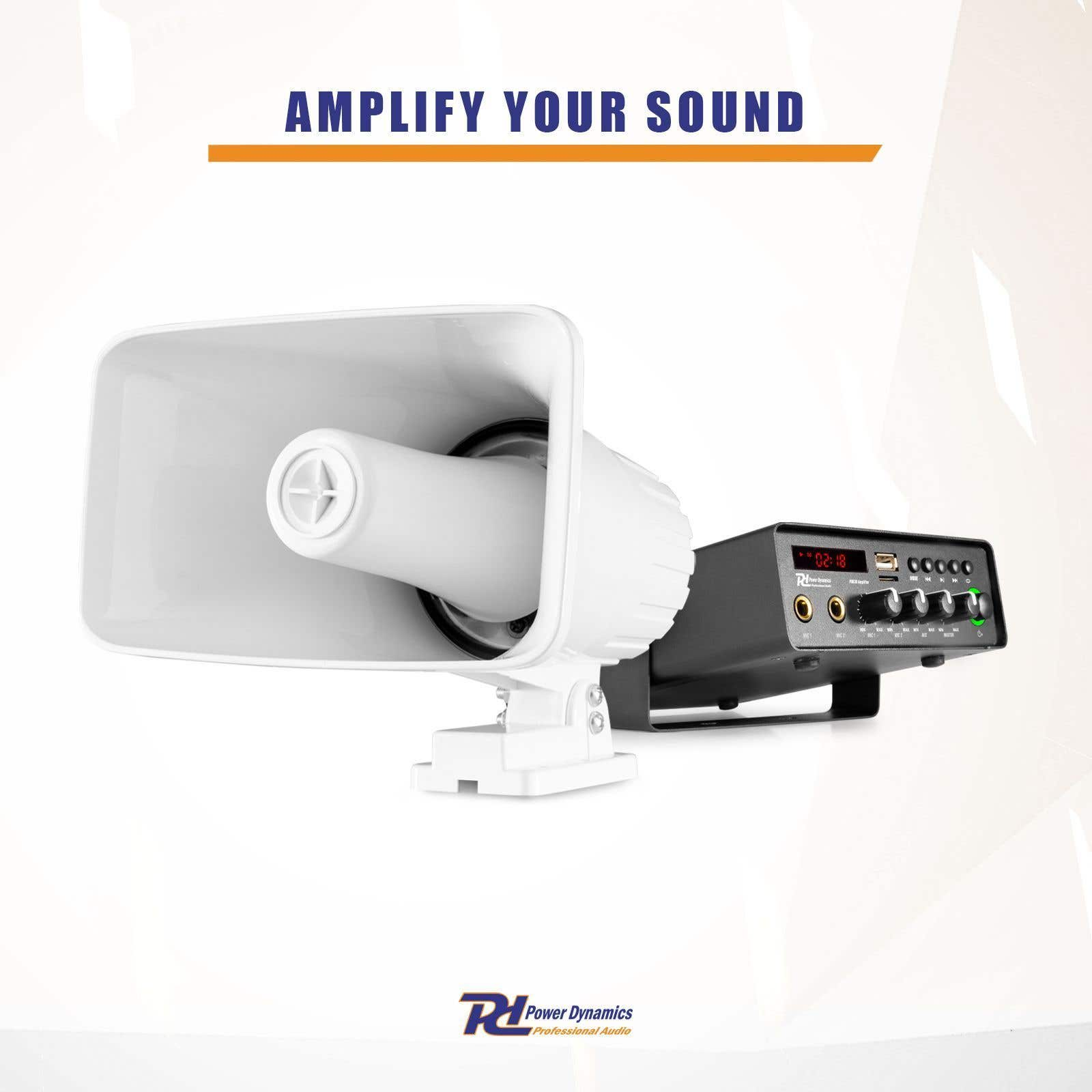 Un altavoz blanco con un amplificador negro. Texto: Amplifica tu sonido. Logotipo: Power Dynamics, Audio Profesional.
