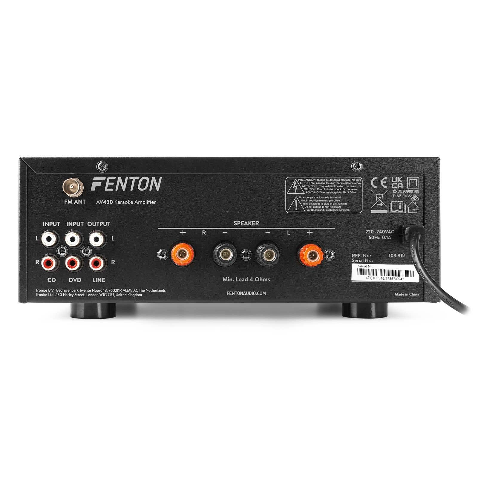 Amplificador karaoke Fenton negro con varios puertos de entrada/salida, conexiones de altavoces y advertencias de seguridad.