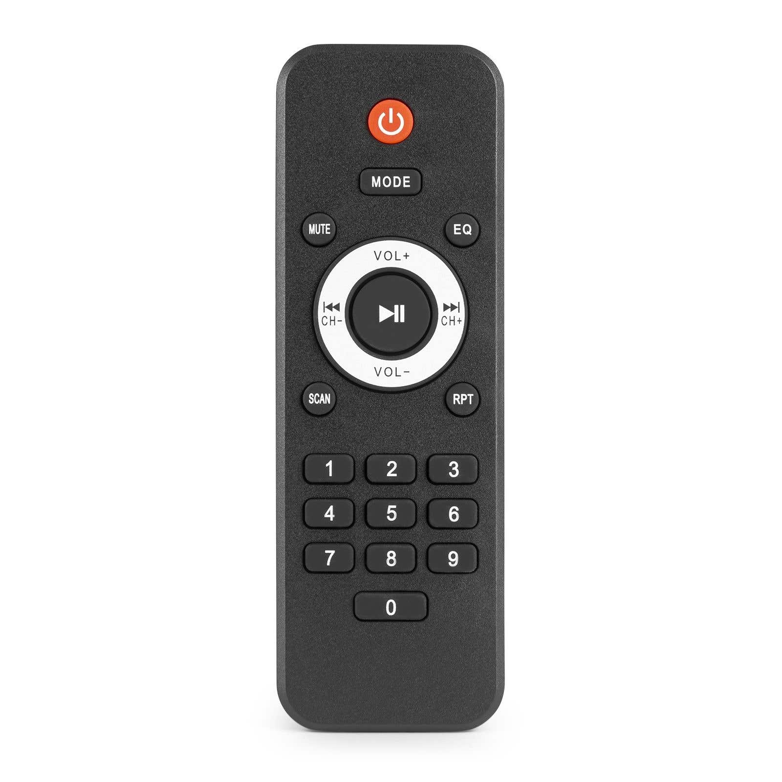 Mando a distancia negro con botones: encendido, modo, silencio, ecualizador, volumen, canal, escanear, repetir, números.