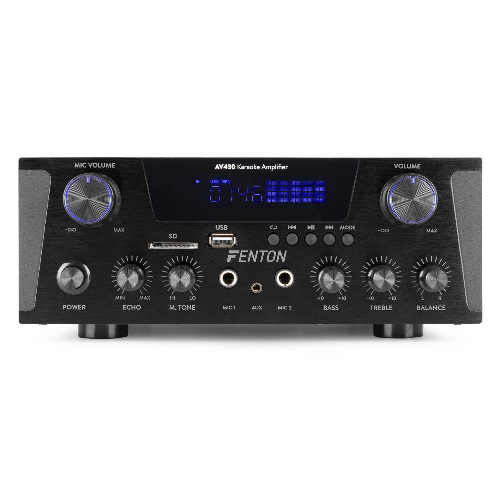 Amplificador karaoke Fenton AV430 negro con perillas, botones y pantalla digital '0146'.