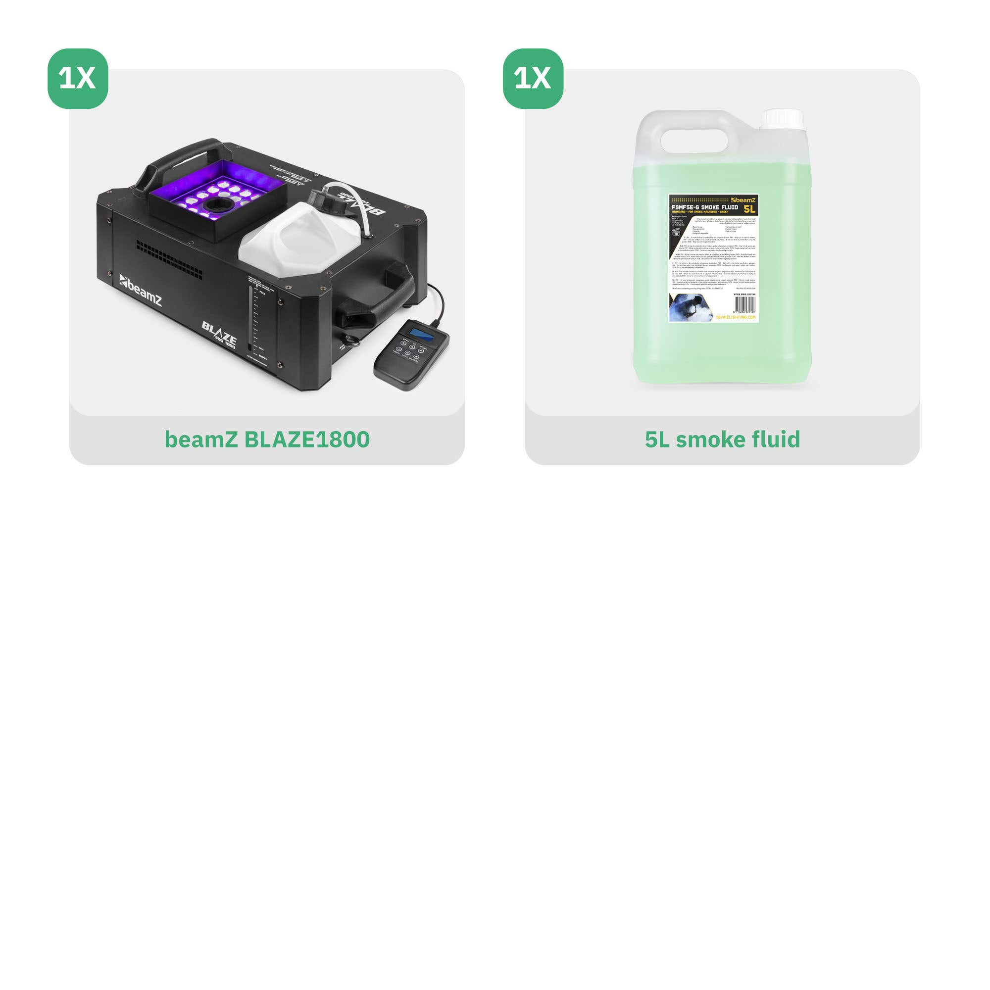 La imagen muestra una máquina de humo negra y un recipiente de líquido de humo verde de 5L. Ambos artículos tienen sus nombres.