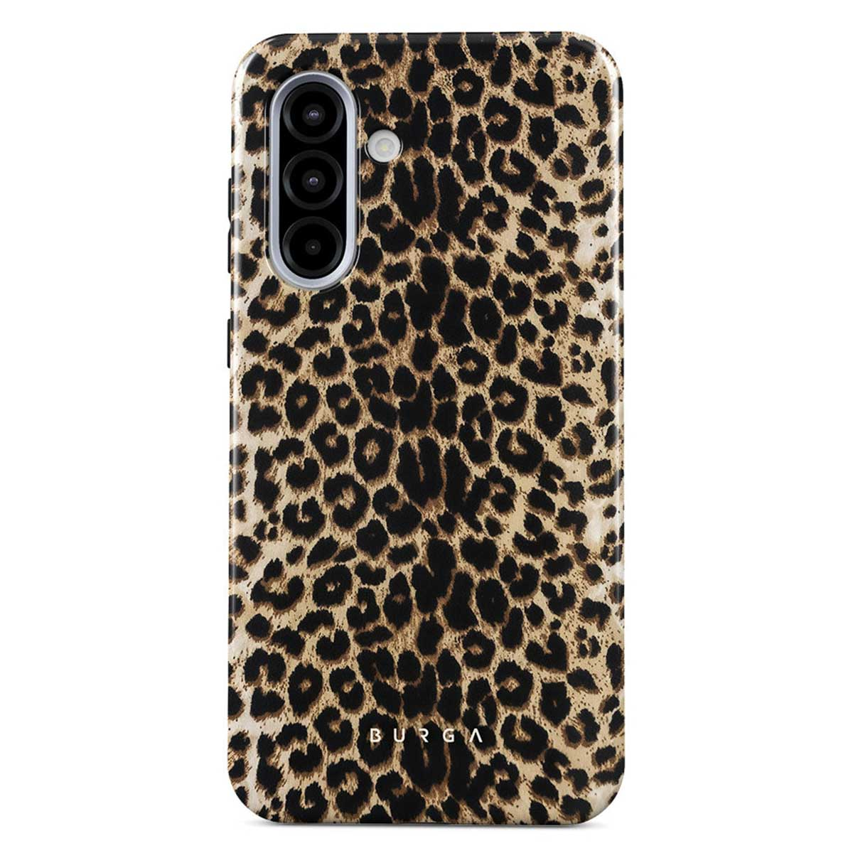 Een telefoonhoesje met een luipaardprint. De hoes heeft uitsparingen voor de camera en knoppen. De merknaam 'BURGA' is zichtbaar.